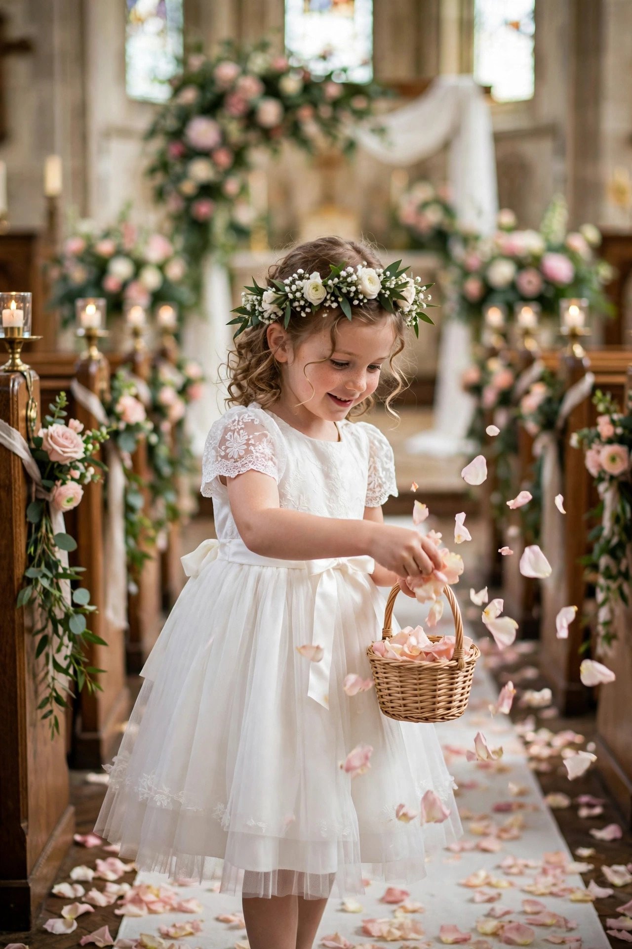 Adorable flower girl in white dress scattering petals down the wedding aisle