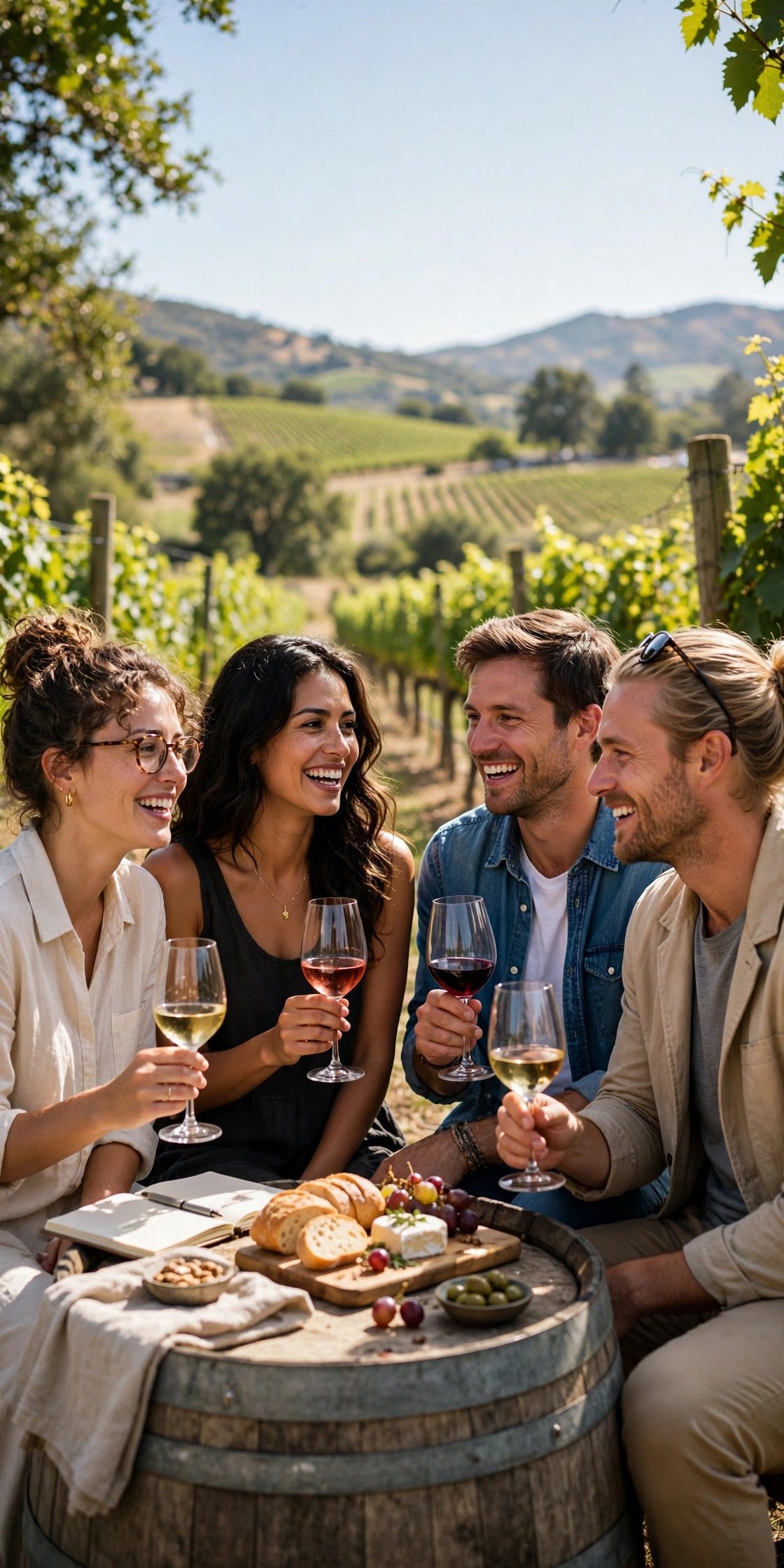 Friends enjoying a wine tasting at a sunny vineyard