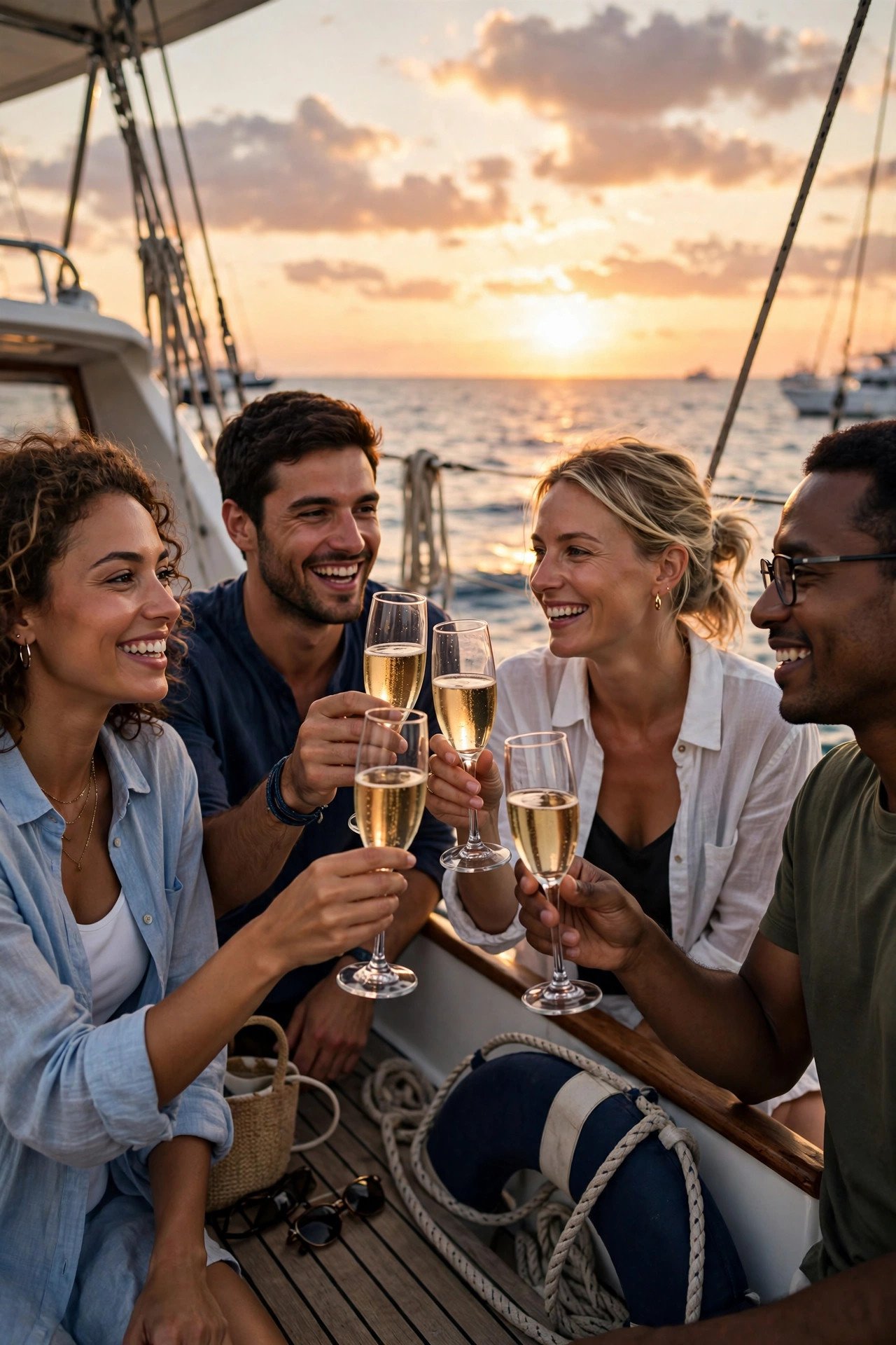 Friends toasting champagne on a boat at sunset