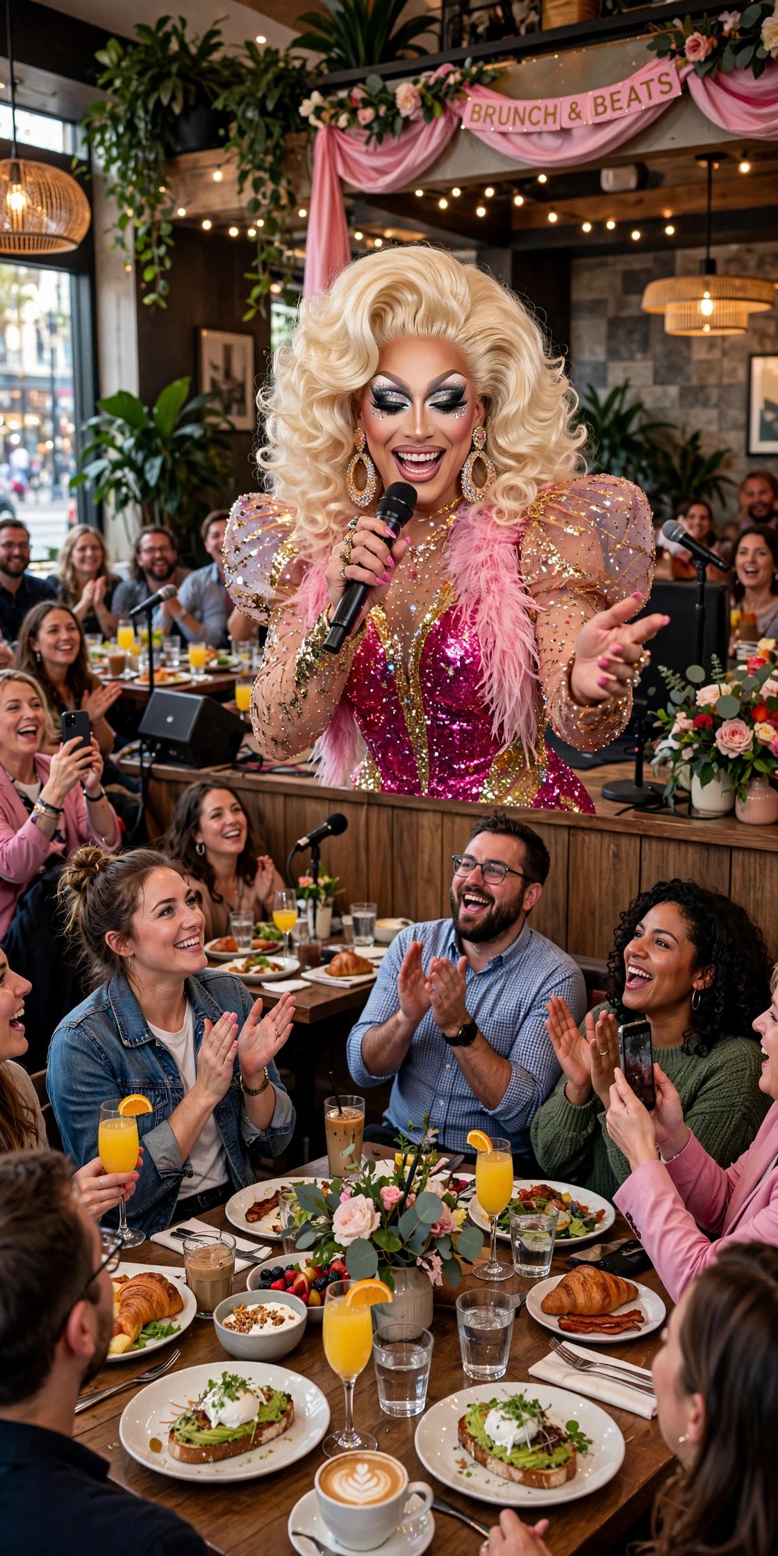 Drag performer on stage at a lively brunch with cheering crowd
