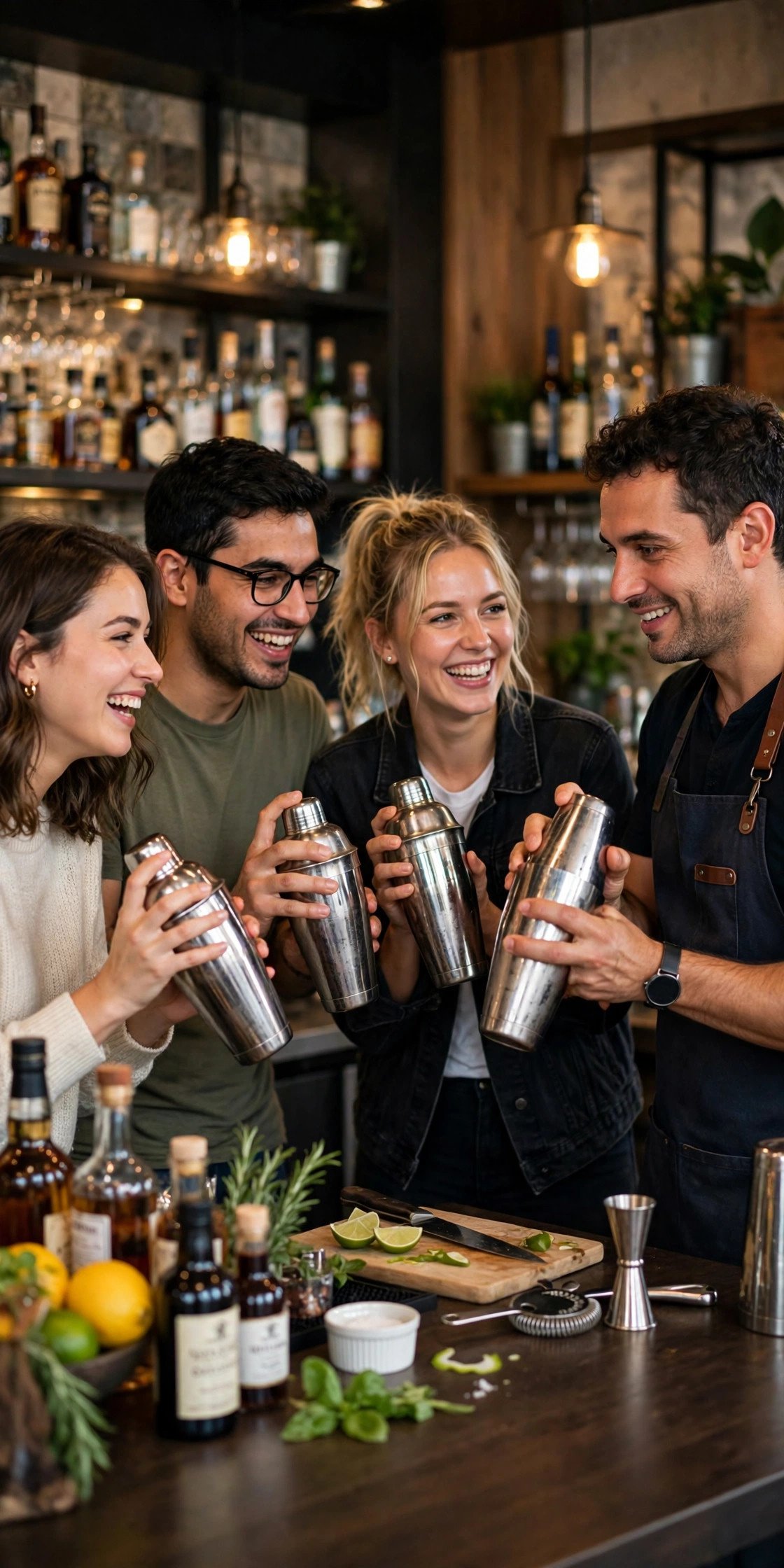 Friends shaking cocktails with a bartender instructor