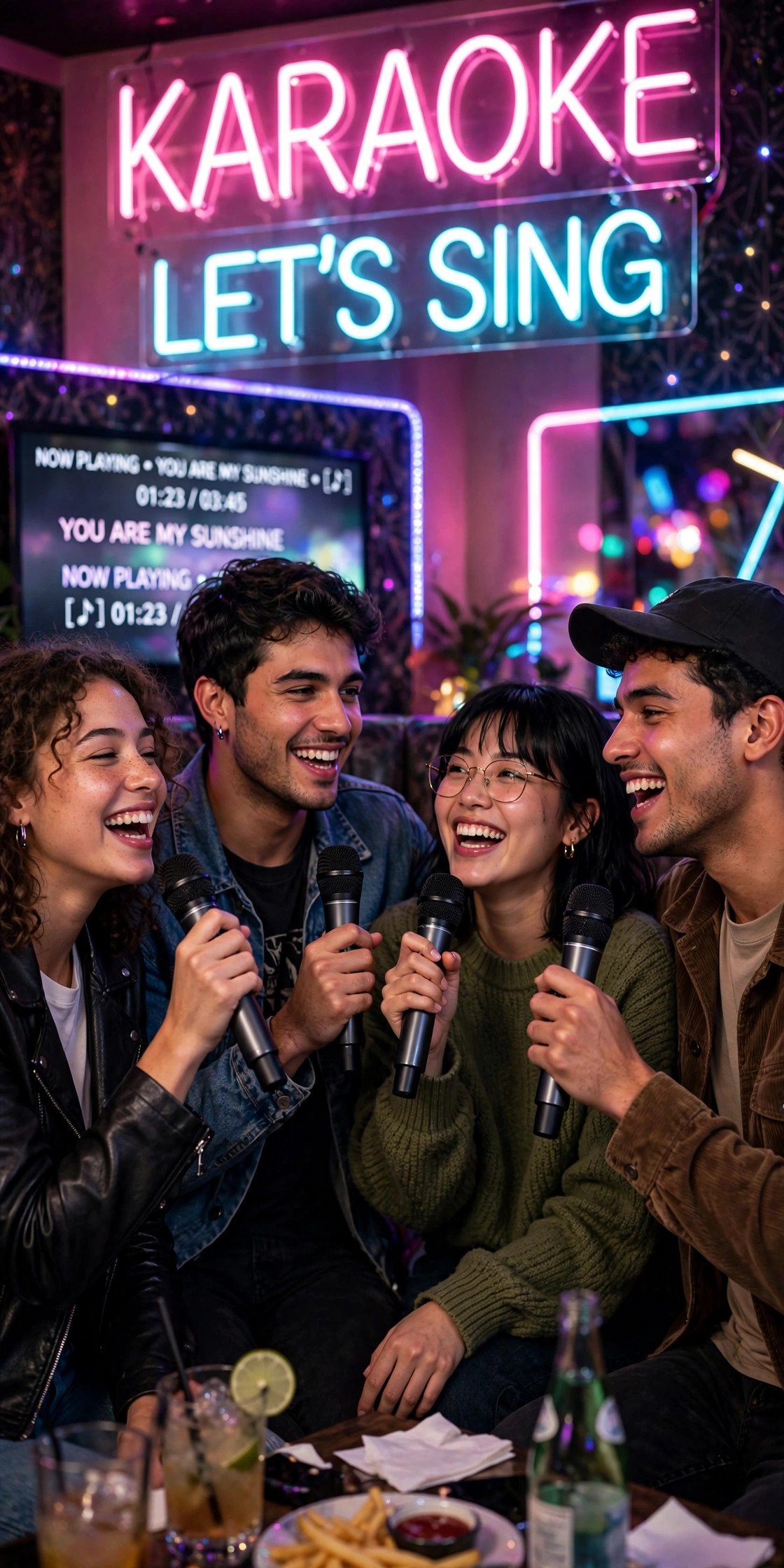 Friends singing karaoke with microphones and neon lights