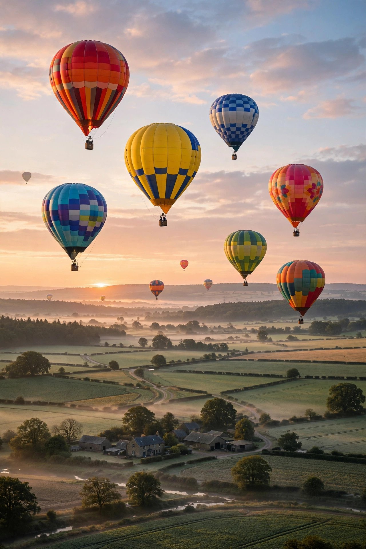 Colorful hot air balloons floating over countryside at sunrise