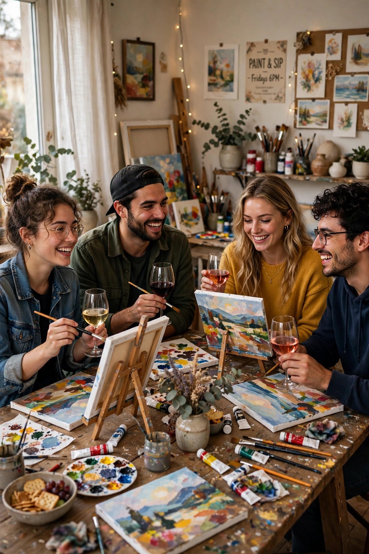 Friends painting canvases with wine glasses at an art studio