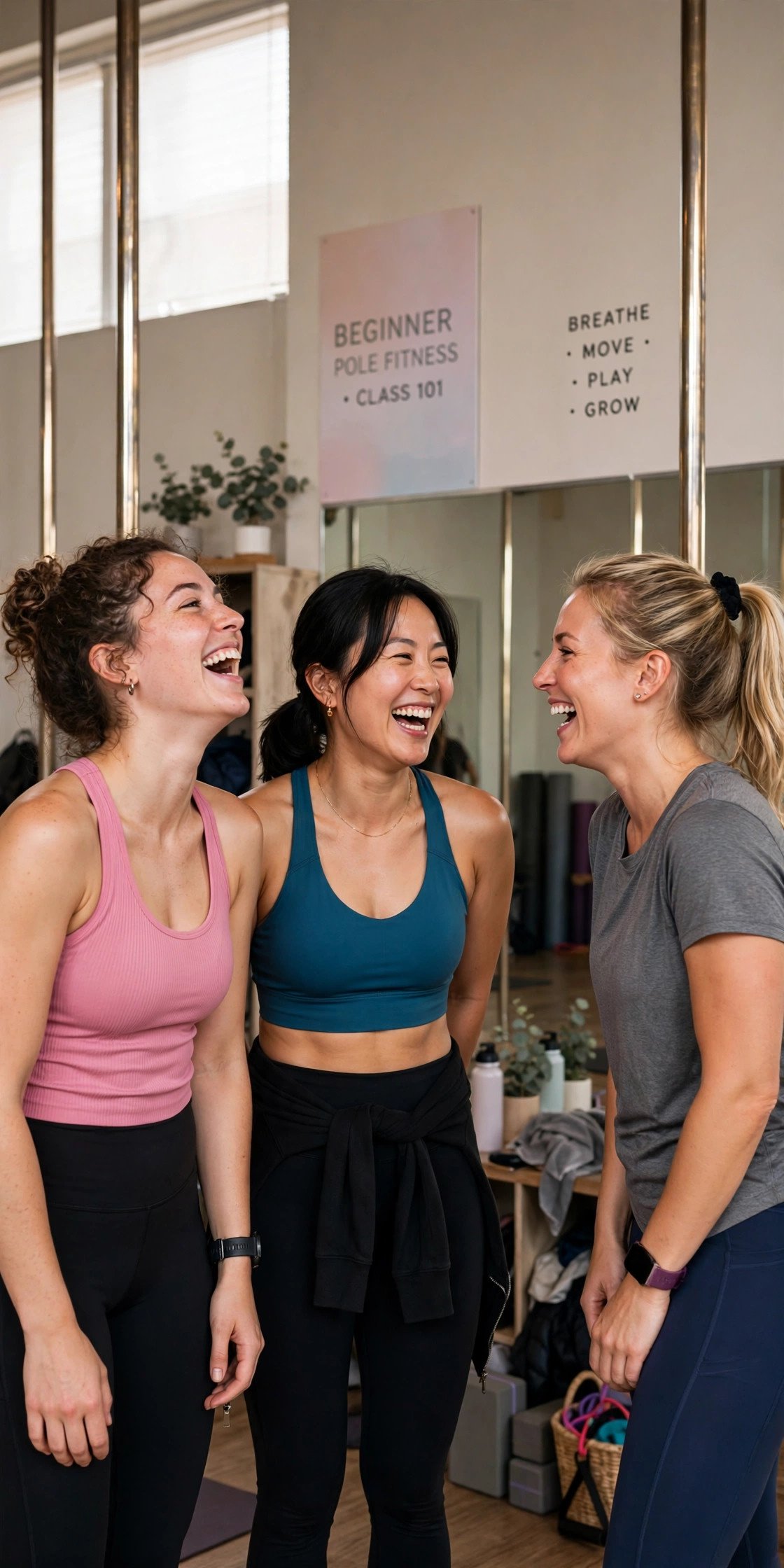 Women laughing during a beginner pole fitness class