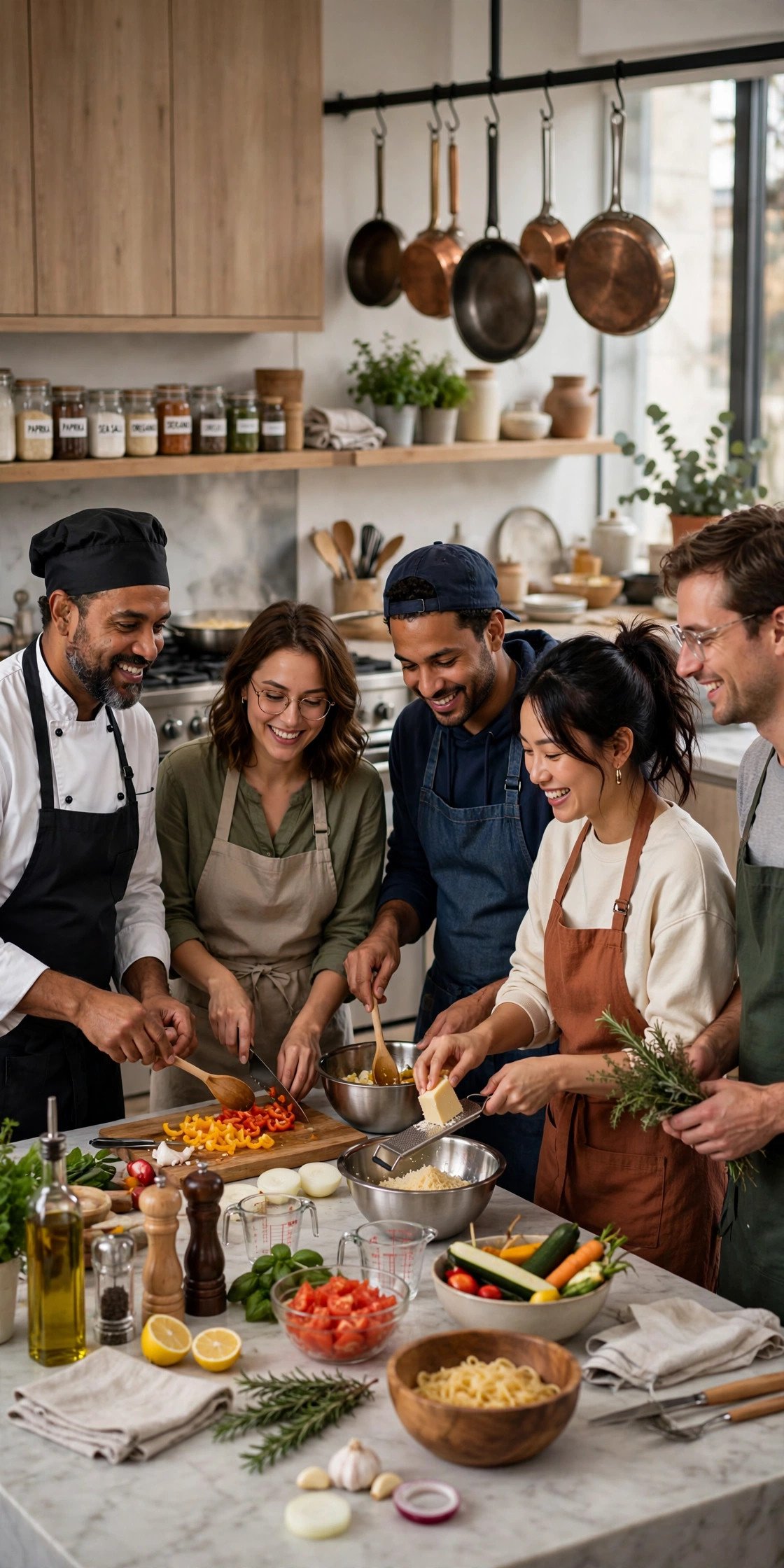 Group cooking together with a chef in a kitchen studio