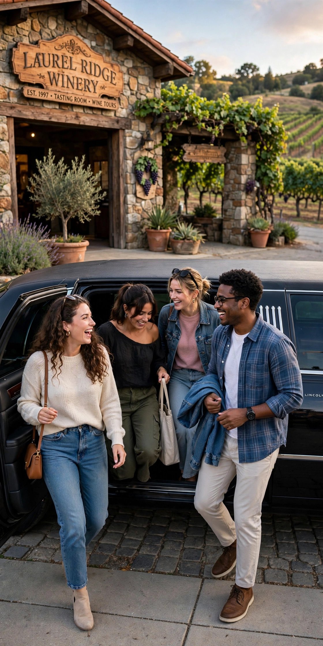 Friends stepping out of a limo at a winery entrance