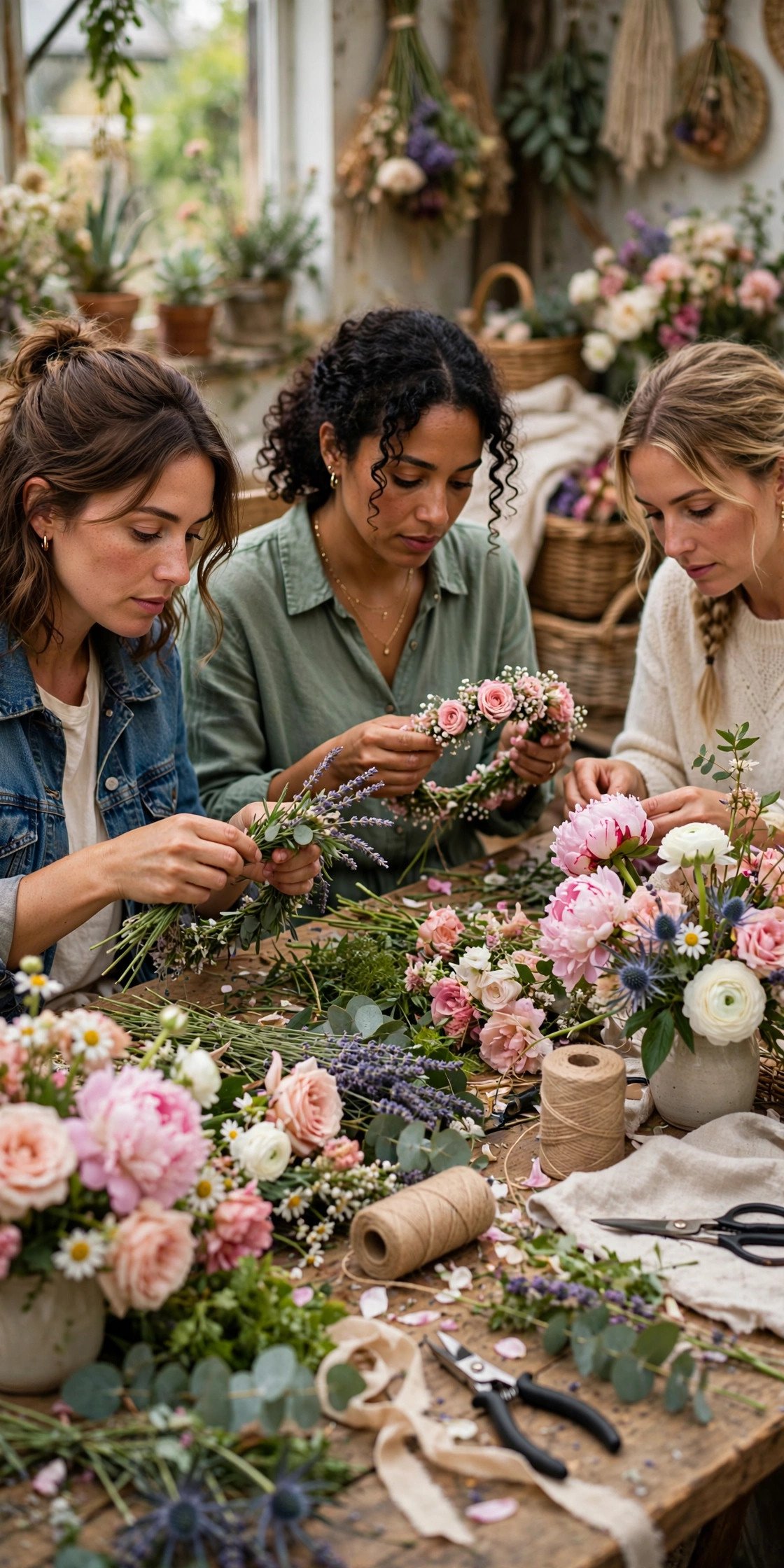 Women making flower crowns at a table full of blooms