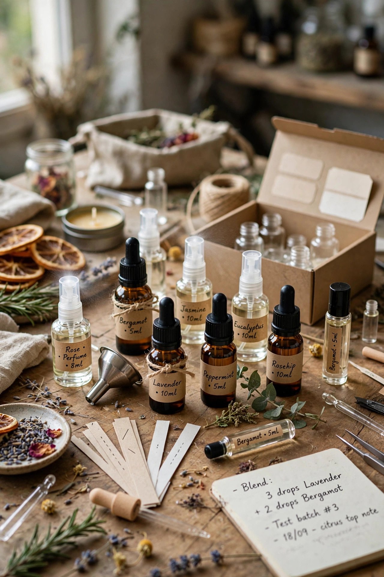 Small perfume bottles and essential oils at a workshop table