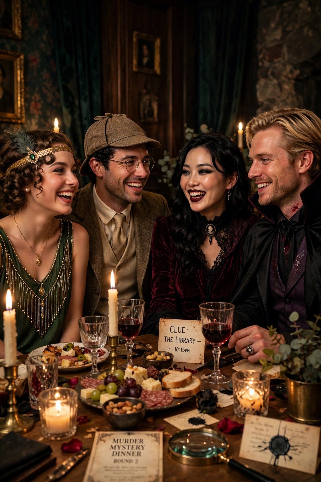 Friends in costume at a candlelit murder mystery dinner