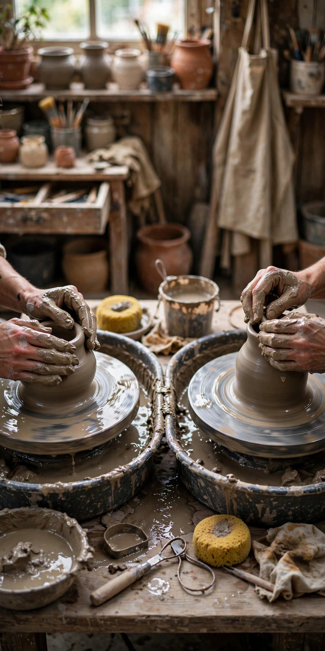 Hands shaping clay on pottery wheels