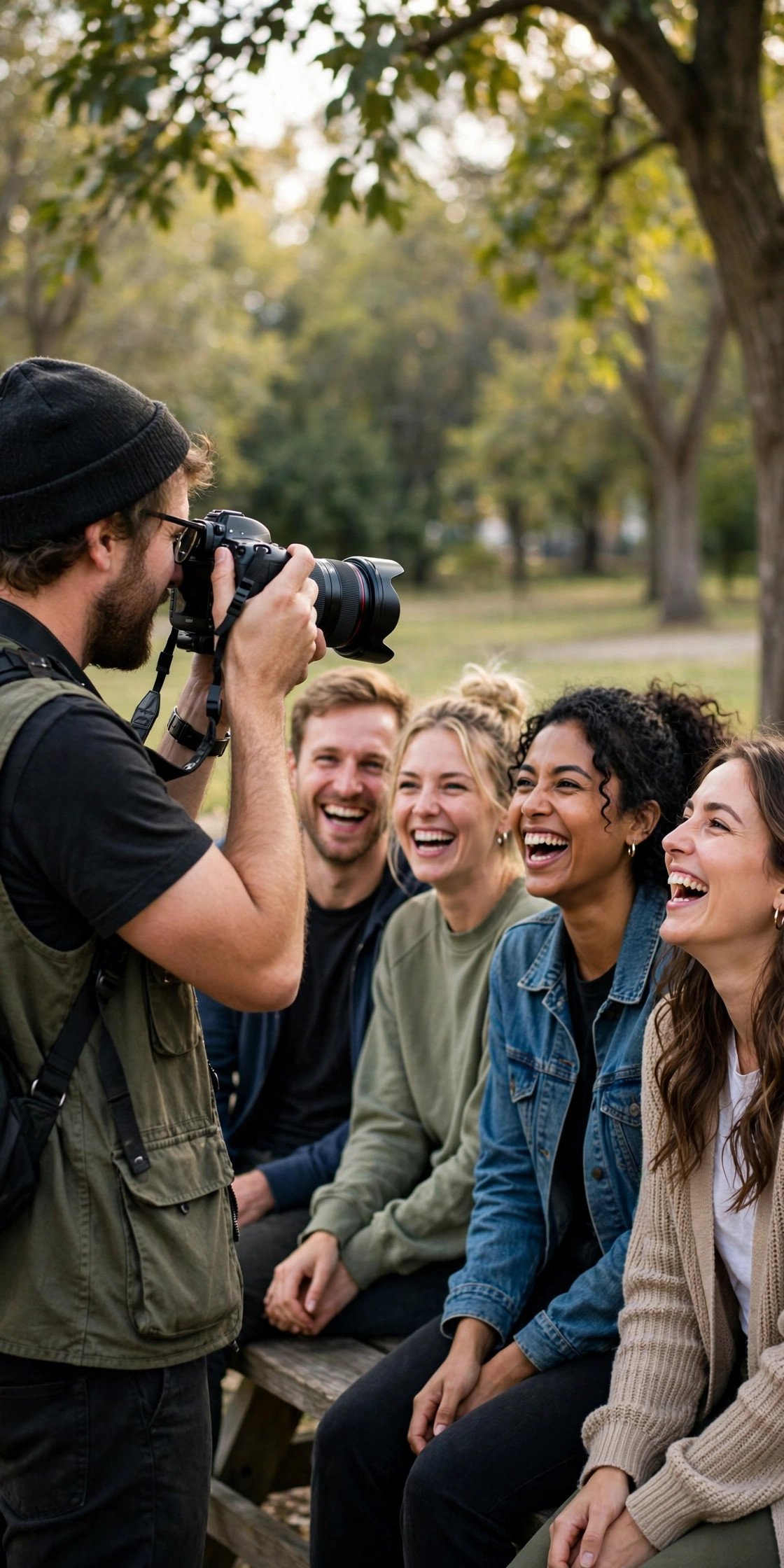 Photographer shooting a group of friends laughing outdoors
