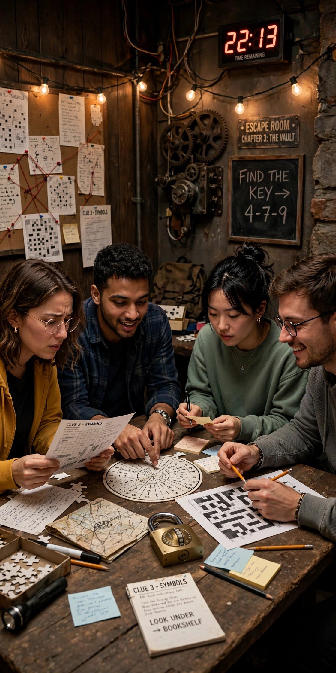 Friends solving puzzles in an escape room