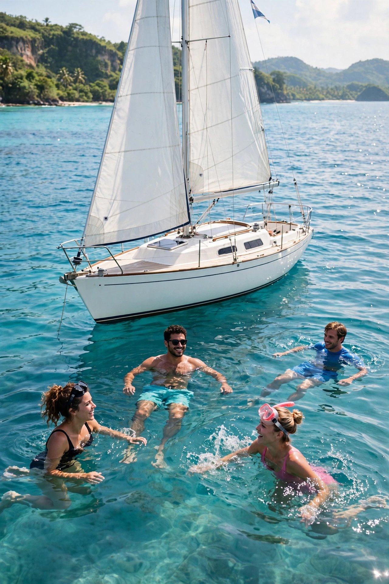 Sailboat on turquoise water with friends swimming nearby