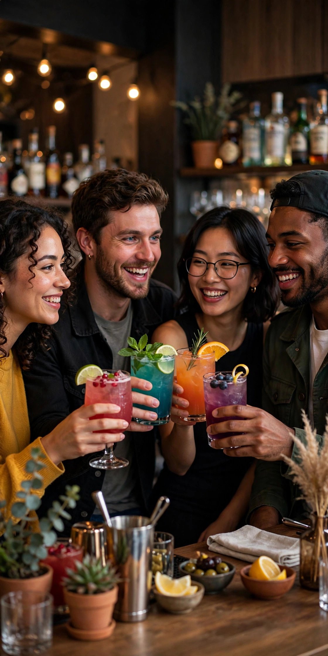 Friends toasting colorful cocktails at a bar