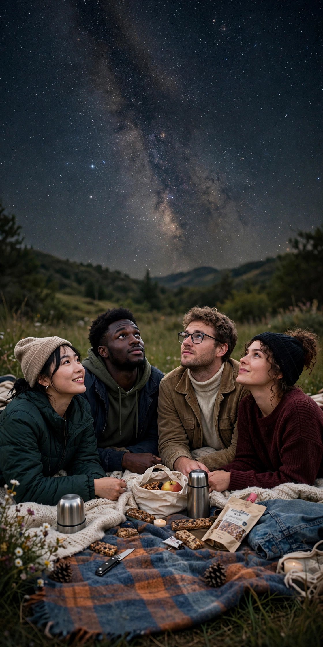 Friends lying on blankets watching a starry sky