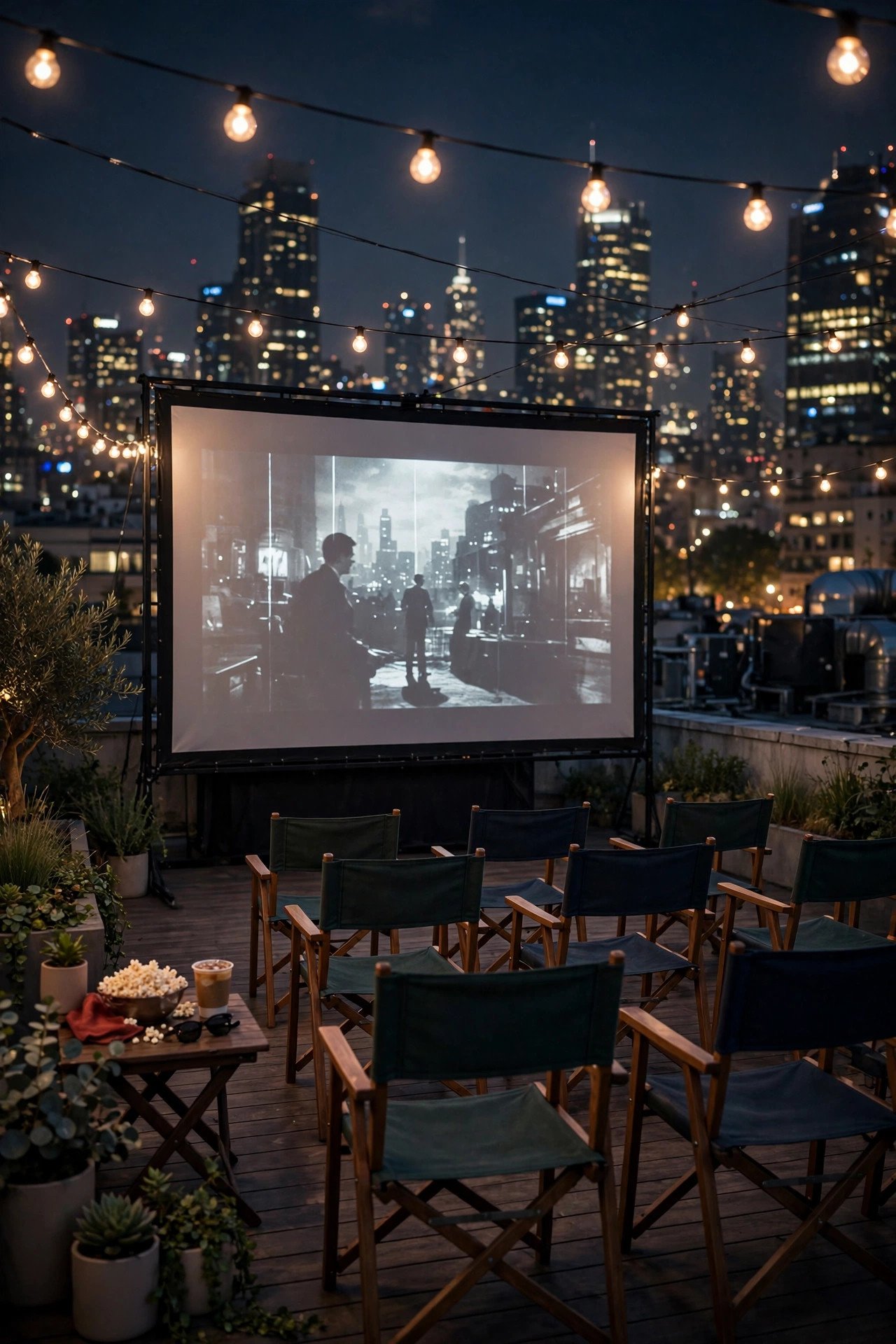 Rooftop outdoor cinema with city lights behind the screen