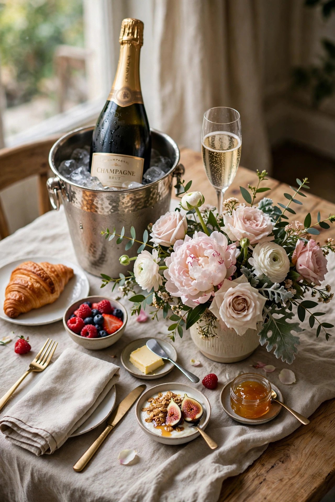 Elegant brunch table with champagne and flowers