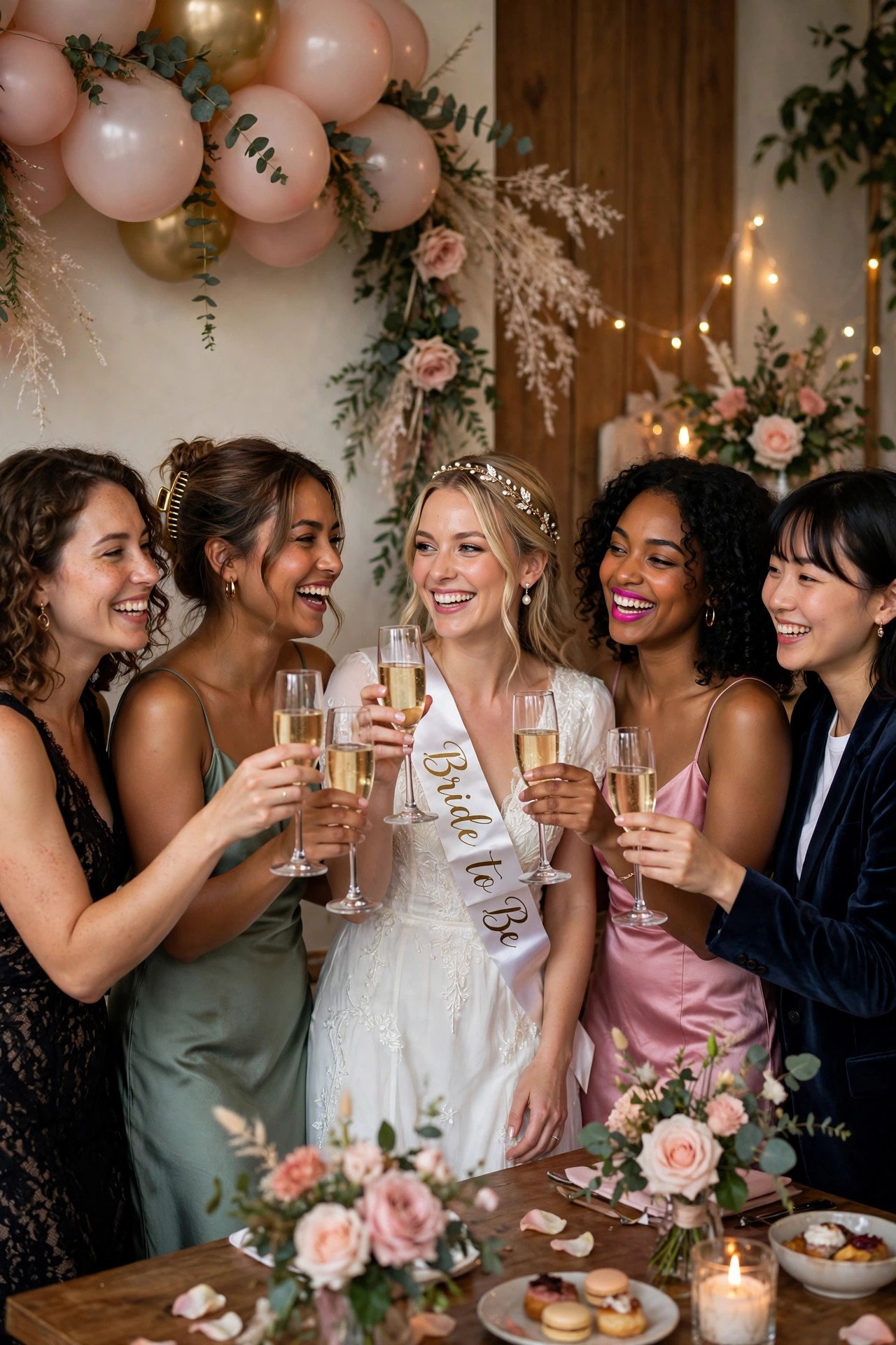 Group of friends celebrating a bachelorette party with champagne and decorations