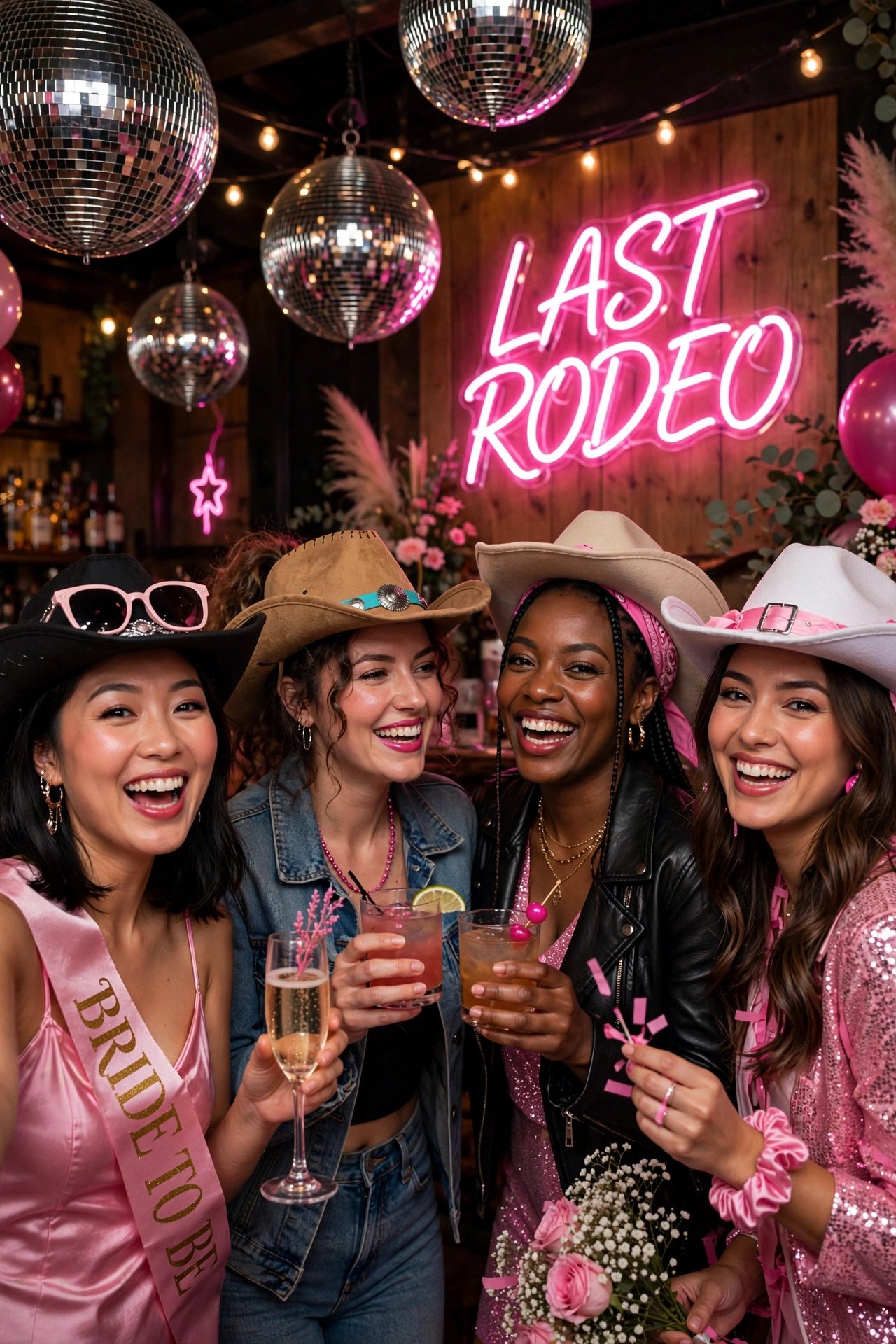 Bachelorette party with disco balls, cowboy hats and pink neon sign
