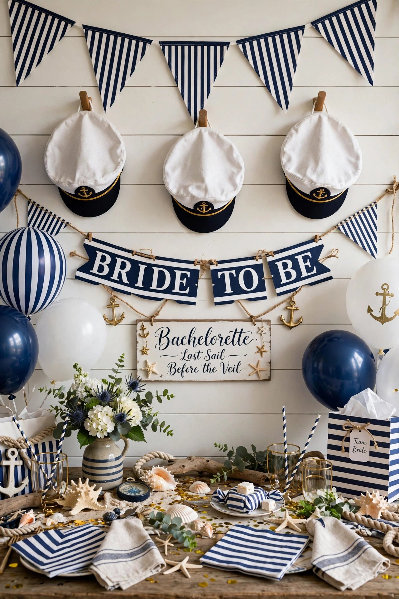 Nautical bachelorette decorations with navy stripes and sailor hats
