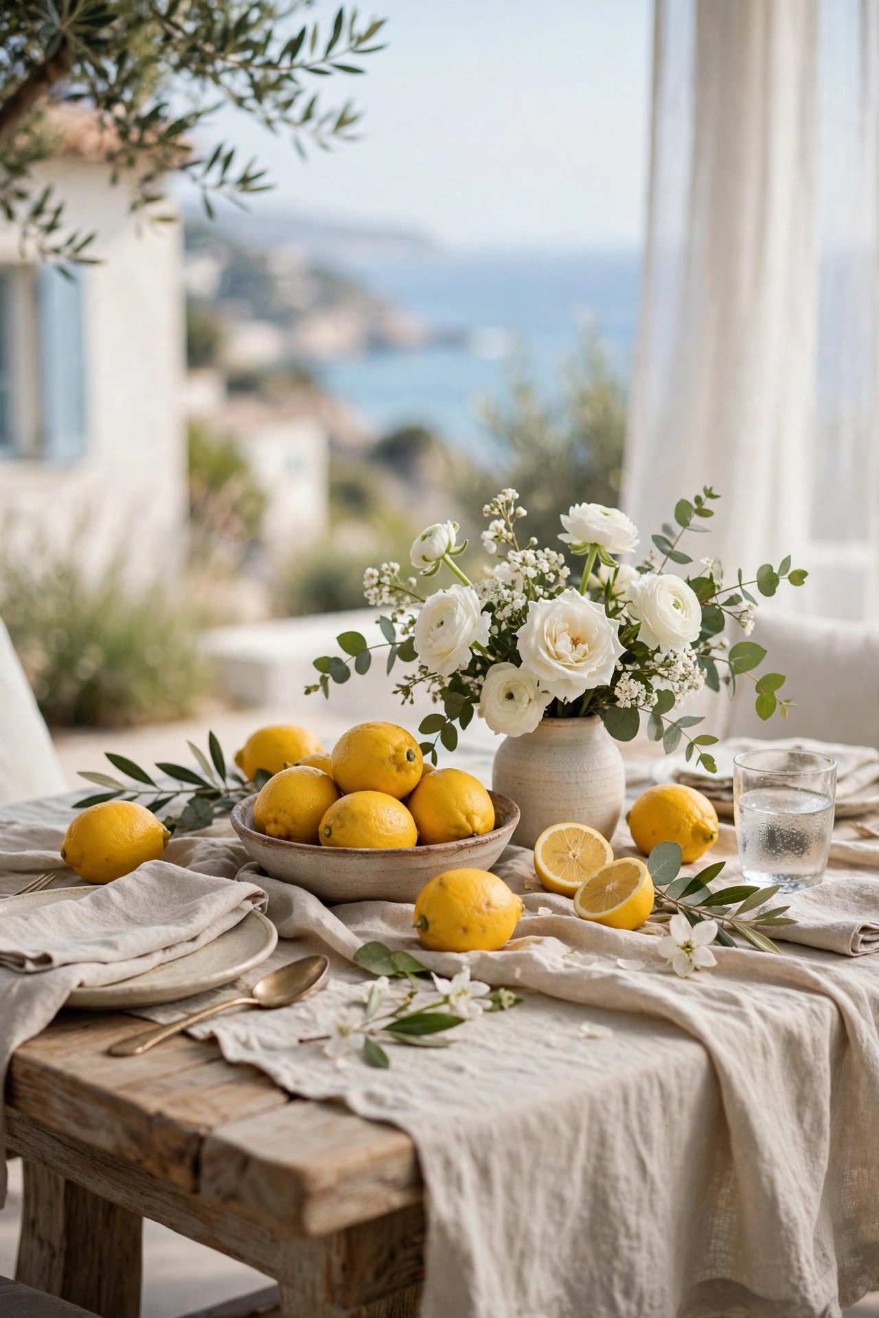 Elegant coastal table with linen, lemons and white flowers