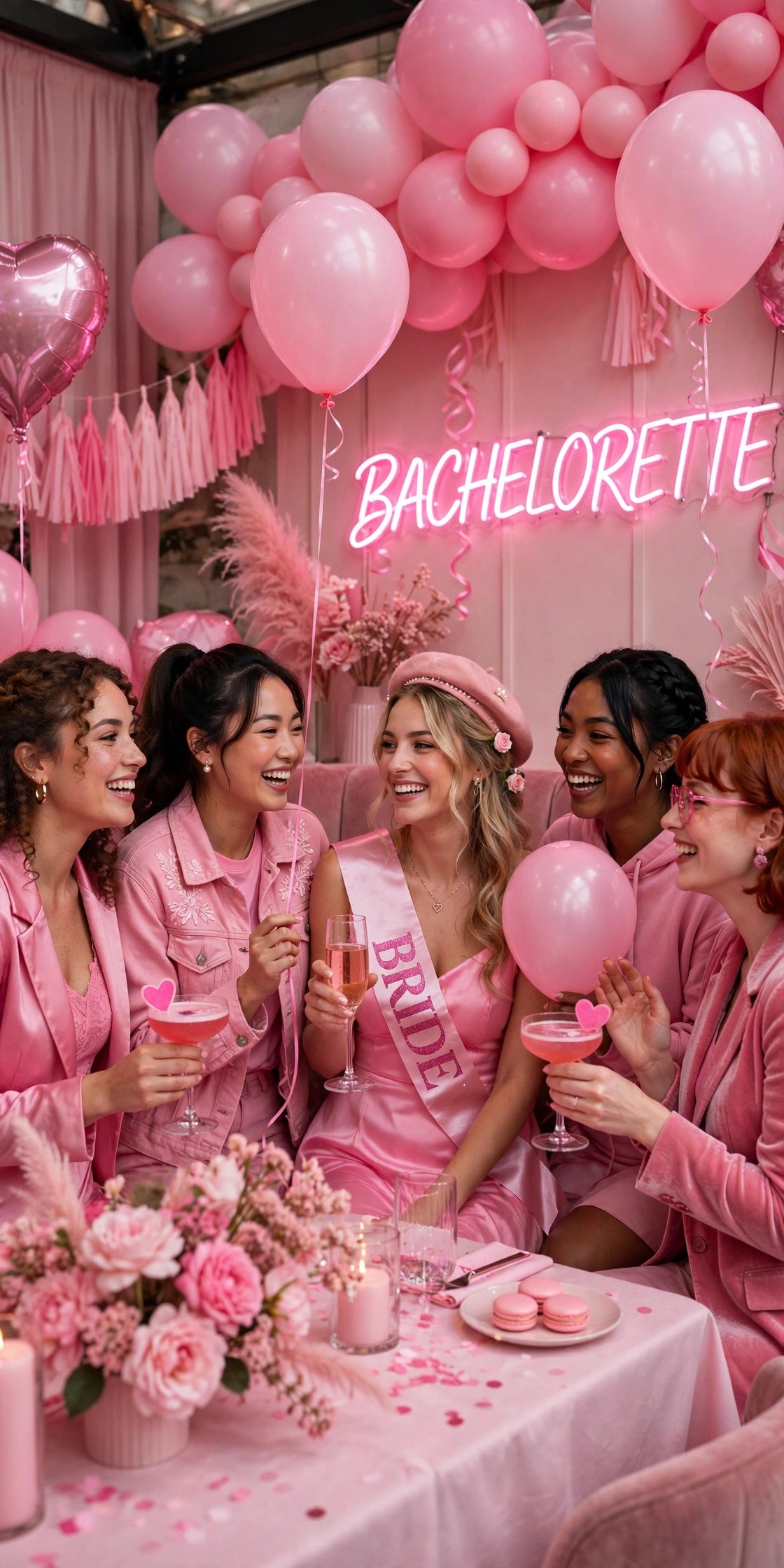 All-pink bachelorette party with pink balloons and neon sign