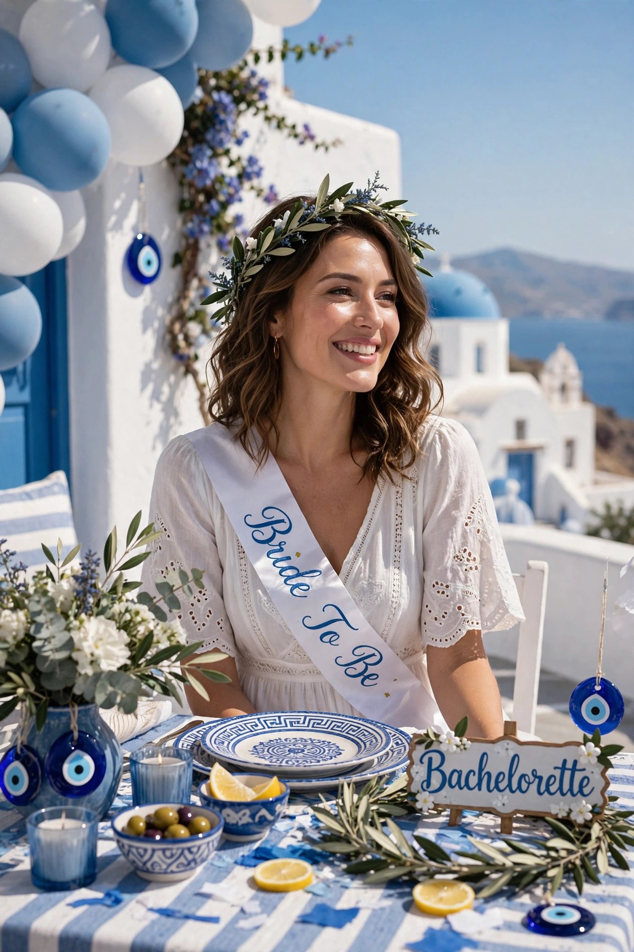 Greek-island inspired bachelorette with blue and white decor