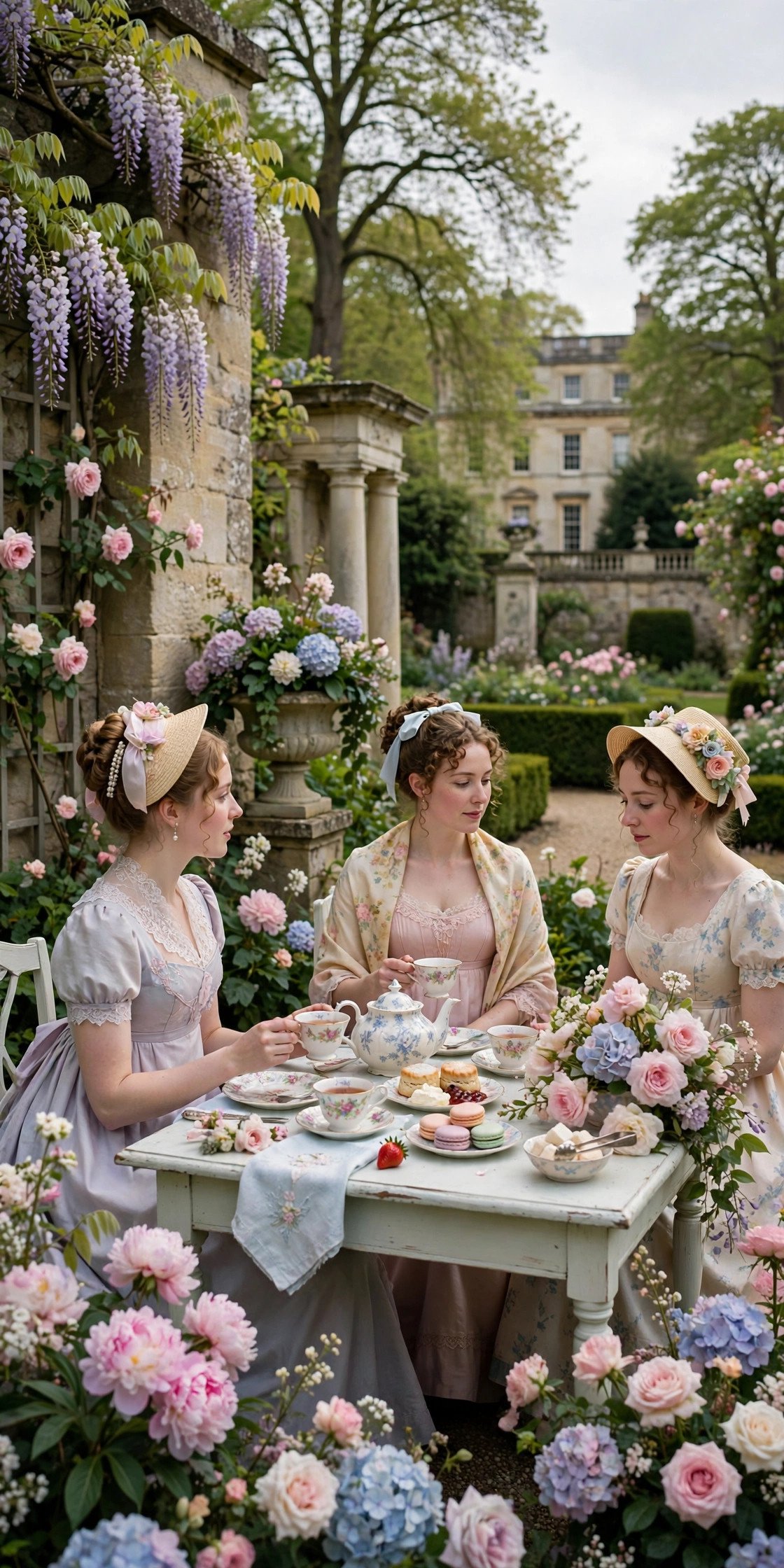 Regency-style garden tea party with pastel flowers
