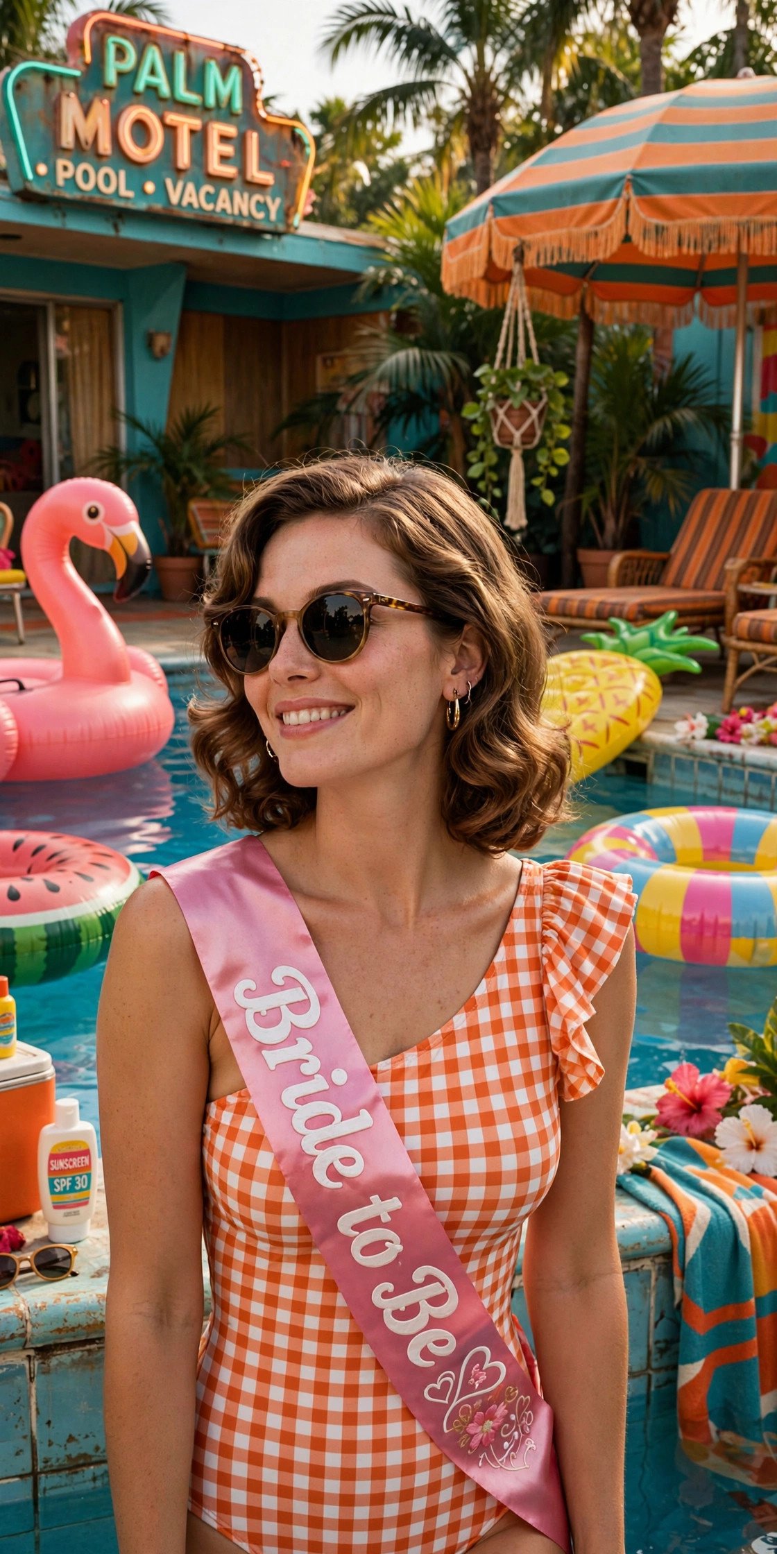 Retro poolside bachelorette with colorful floats and sunglasses
