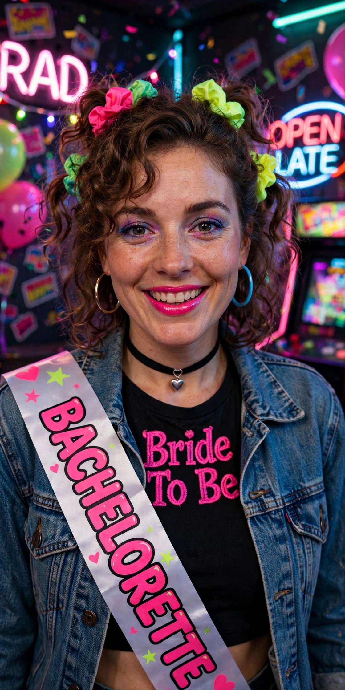 90s-themed bachelorette with neon colors and scrunchies