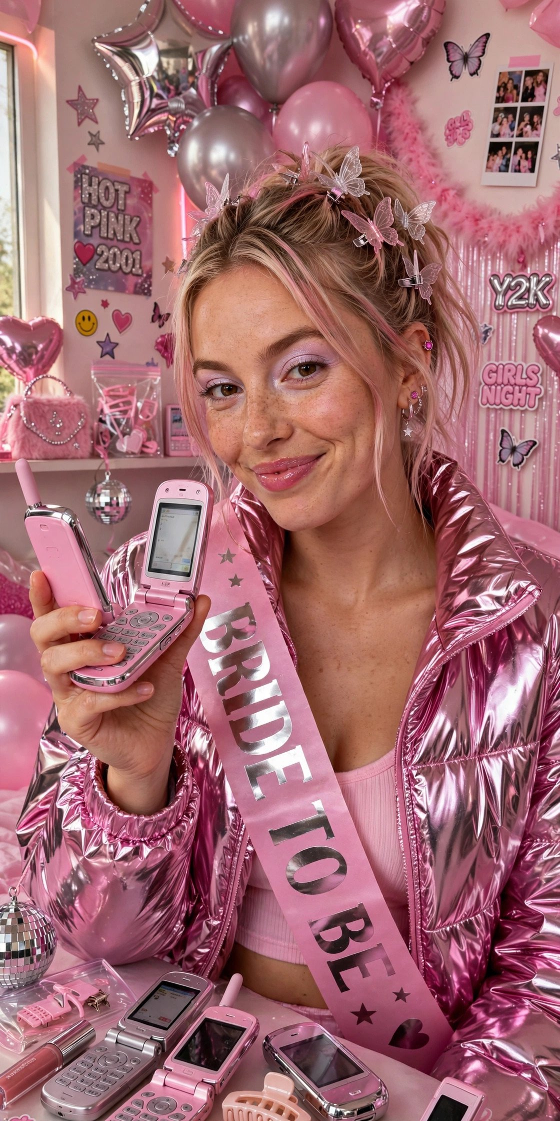 Y2K-themed bachelorette with chrome, baby pink and flip phones
