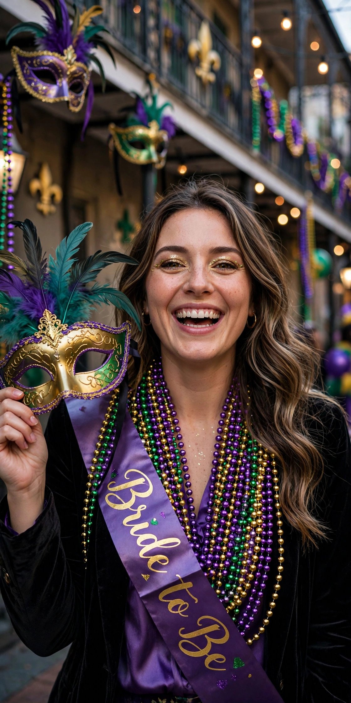 Mardi Gras bachelorette with purple green gold beads and masks