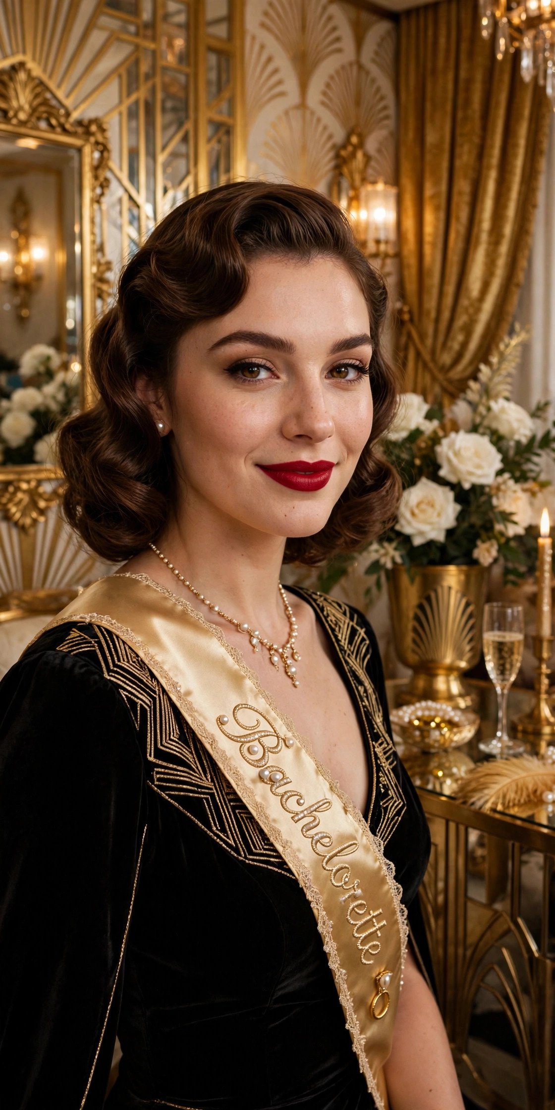 Old Hollywood bachelorette with gold decor and vintage glamour