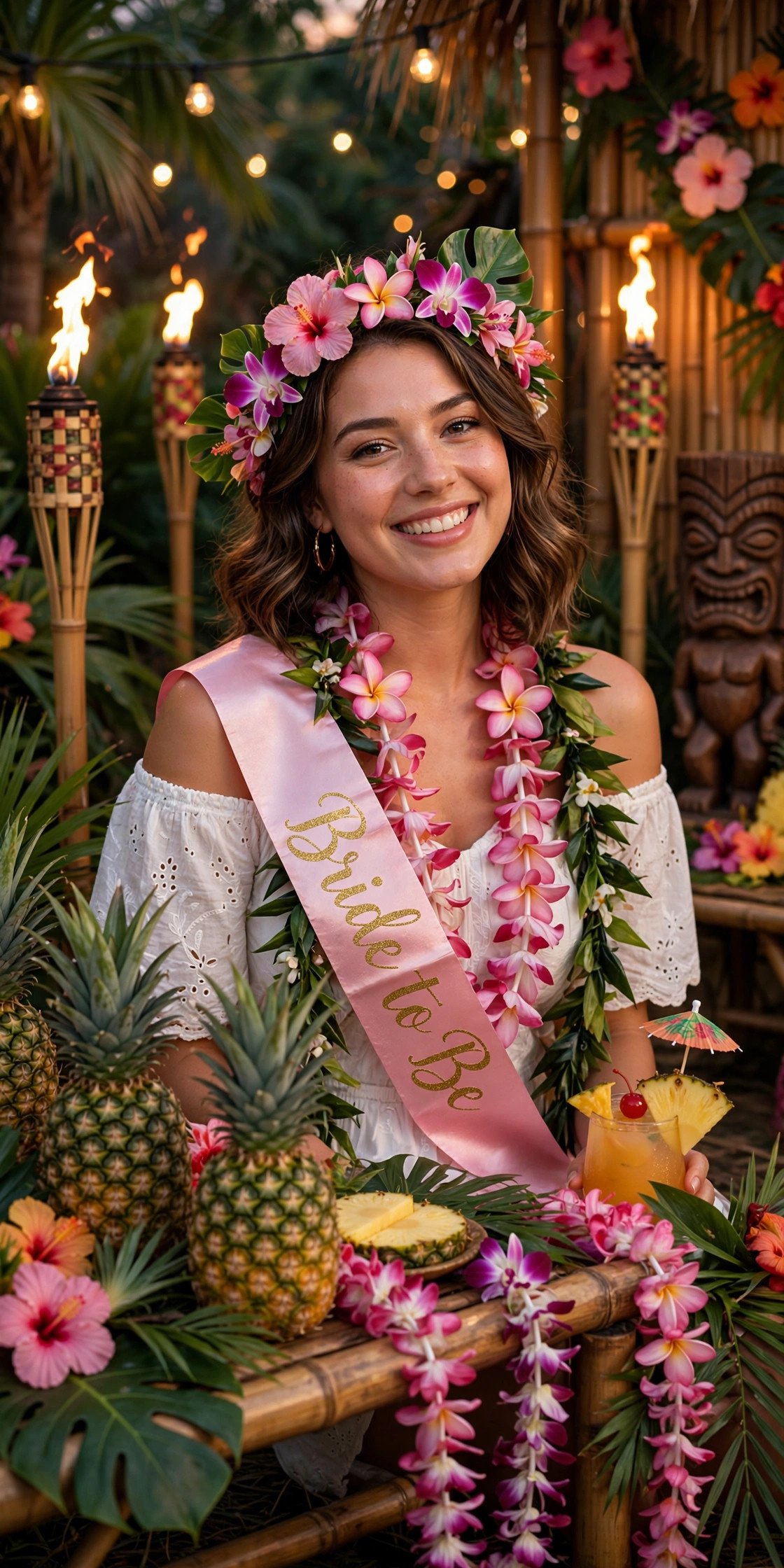 Tiki-themed bachelorette with pineapples, leis and tiki torches