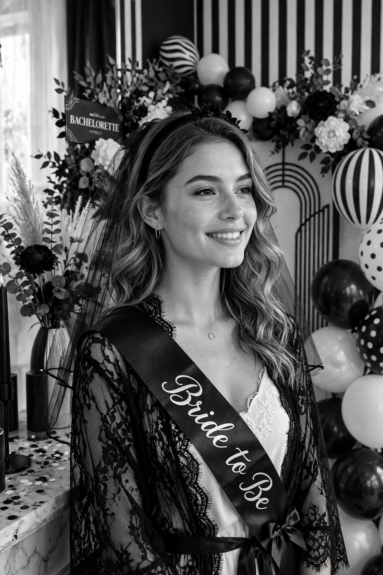 Black and white bachelorette with elegant monochrome decor