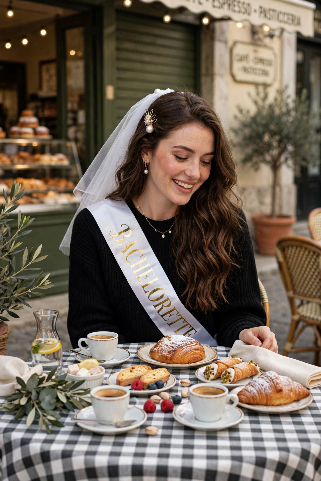 Italian café-themed bachelorette with espresso cups and pastries on a checkered tablecloth