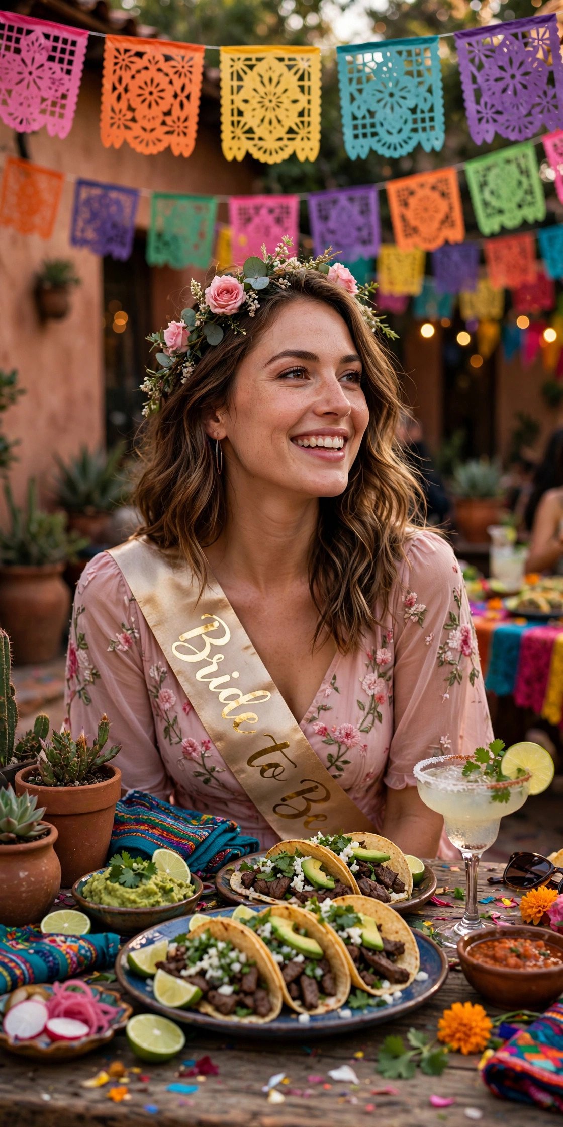 Fiesta bachelorette with colorful papel picado and tacos