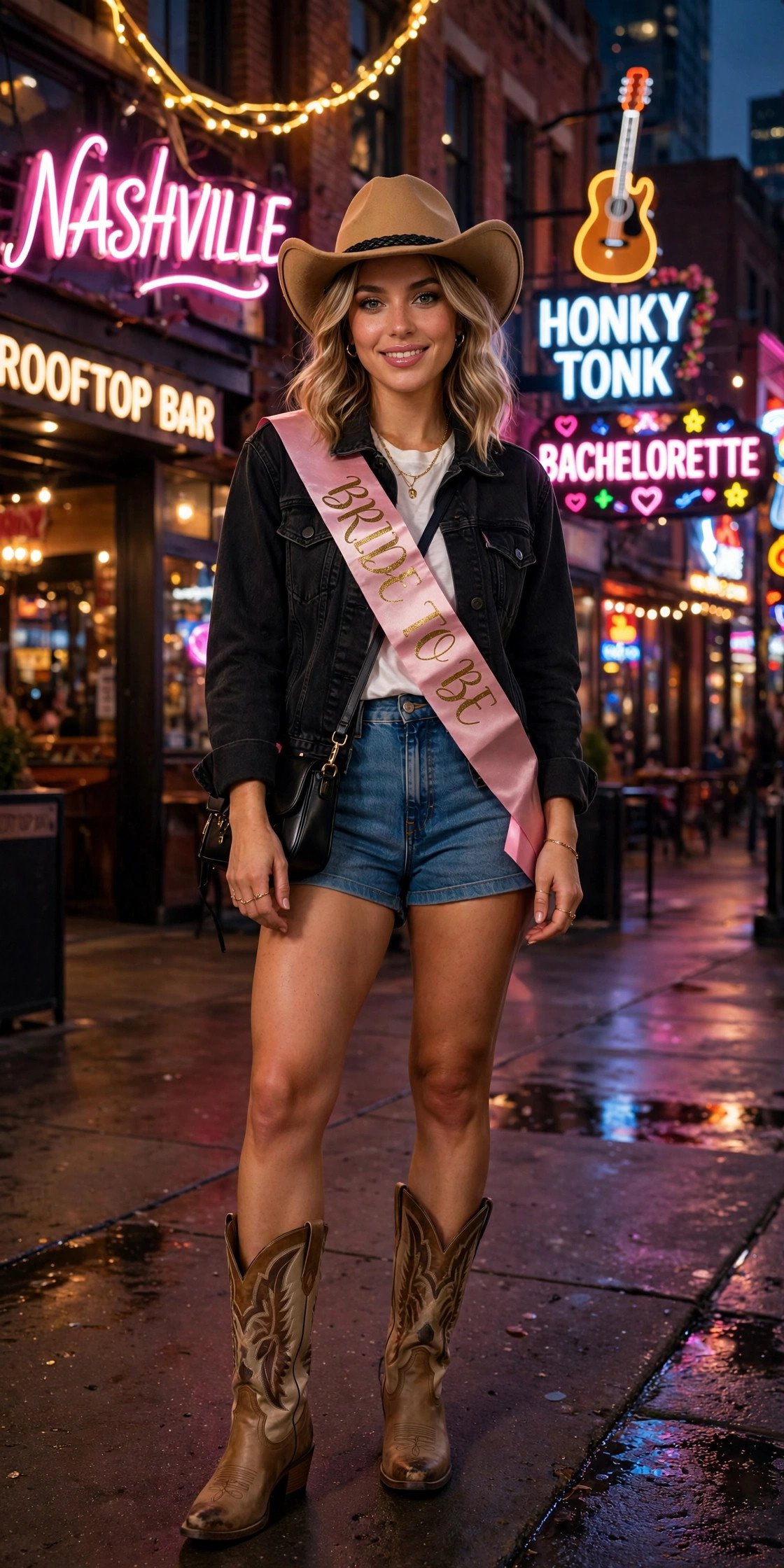 Nashville-style bachelorette with neon signs and cowboy boots