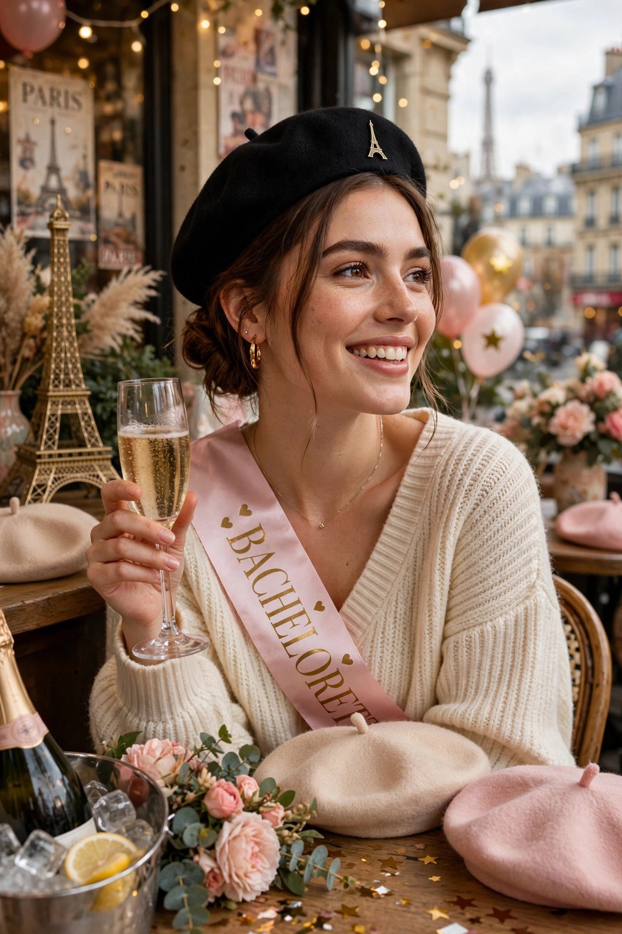 Parisian bachelorette with Eiffel tower decor, berets and champagne