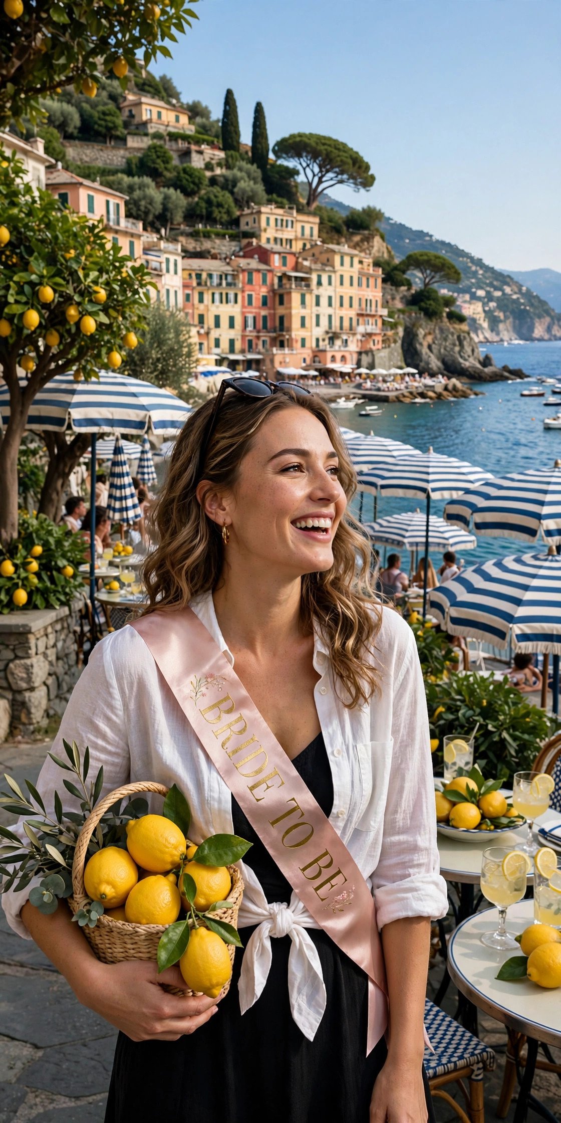 Italian riviera bachelorette with lemons, striped umbrellas and coast