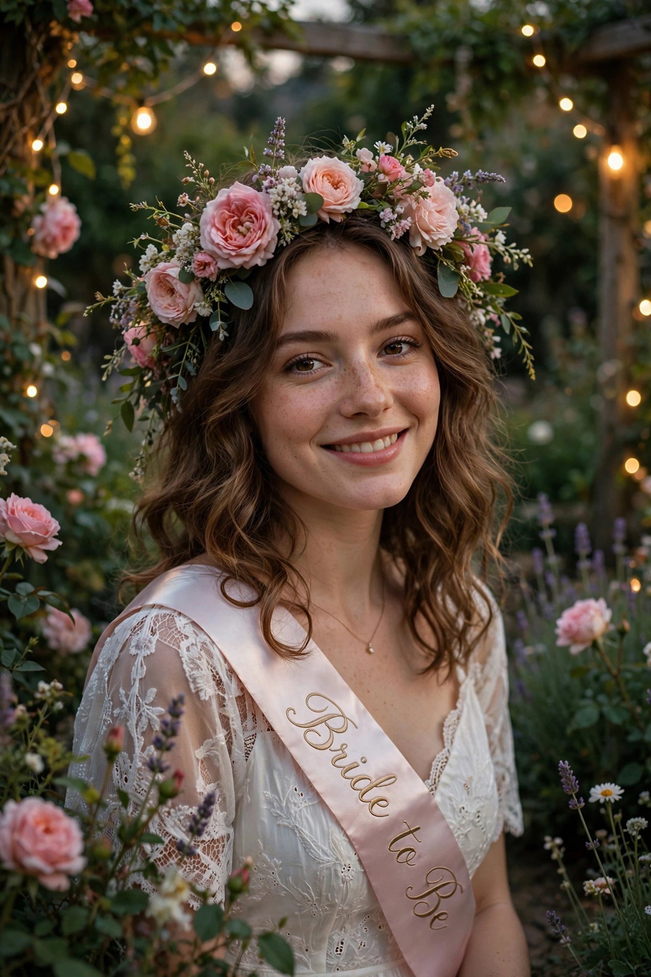 Whimsical garden bachelorette with fairy lights and flower crowns