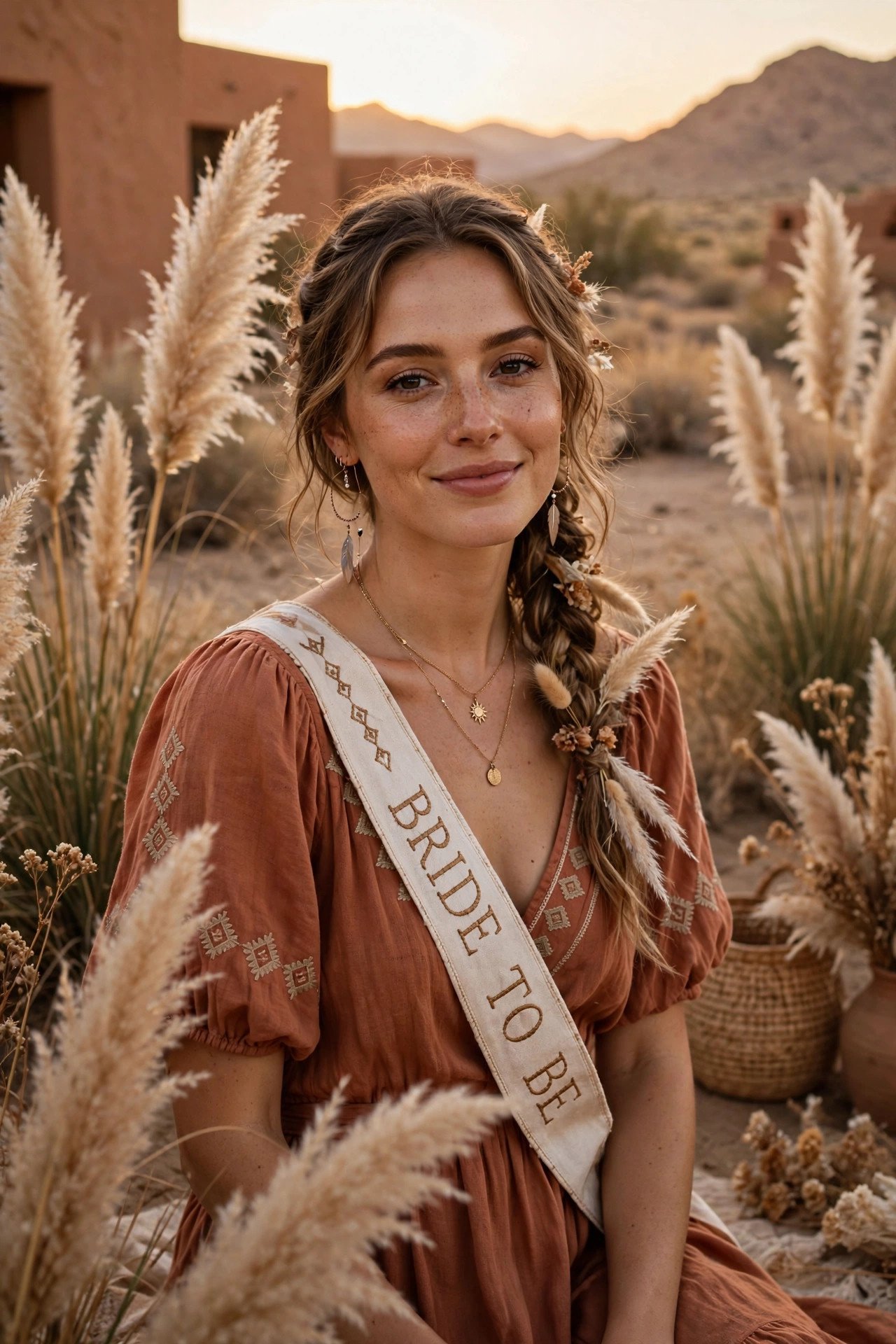 Boho desert bachelorette with pampas grass and terracotta tones