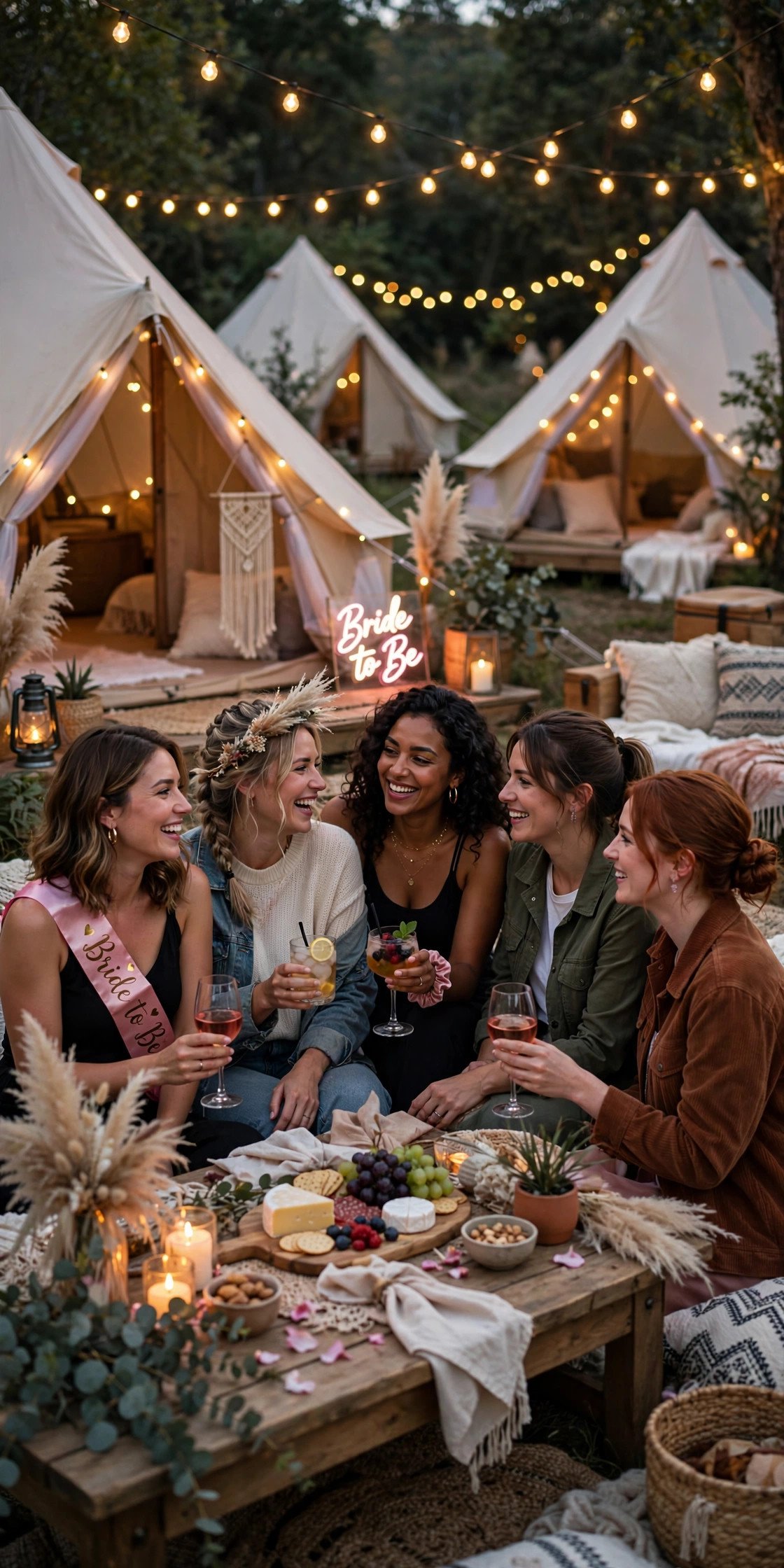Glamping bachelorette with fairy lights and cozy tents