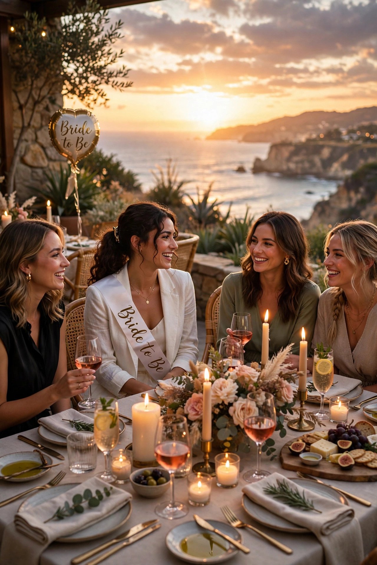 Elegant sunset bachelorette dinner with candles and ocean view