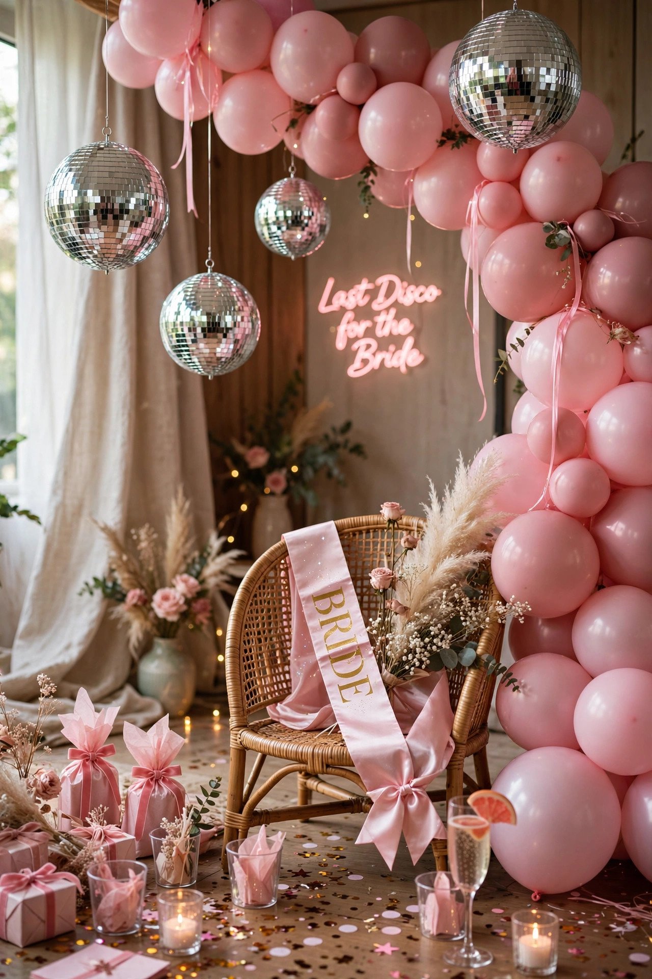 Bachelorette party decorations with disco balls, pink balloons and bride sash