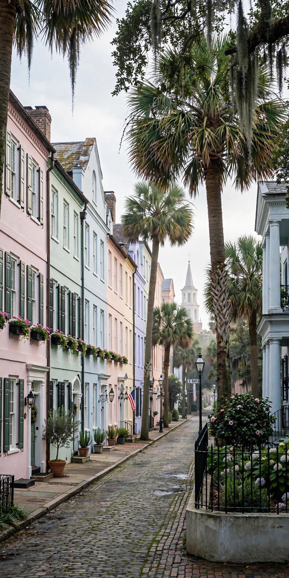Historic Charleston street with pastel houses and palm trees