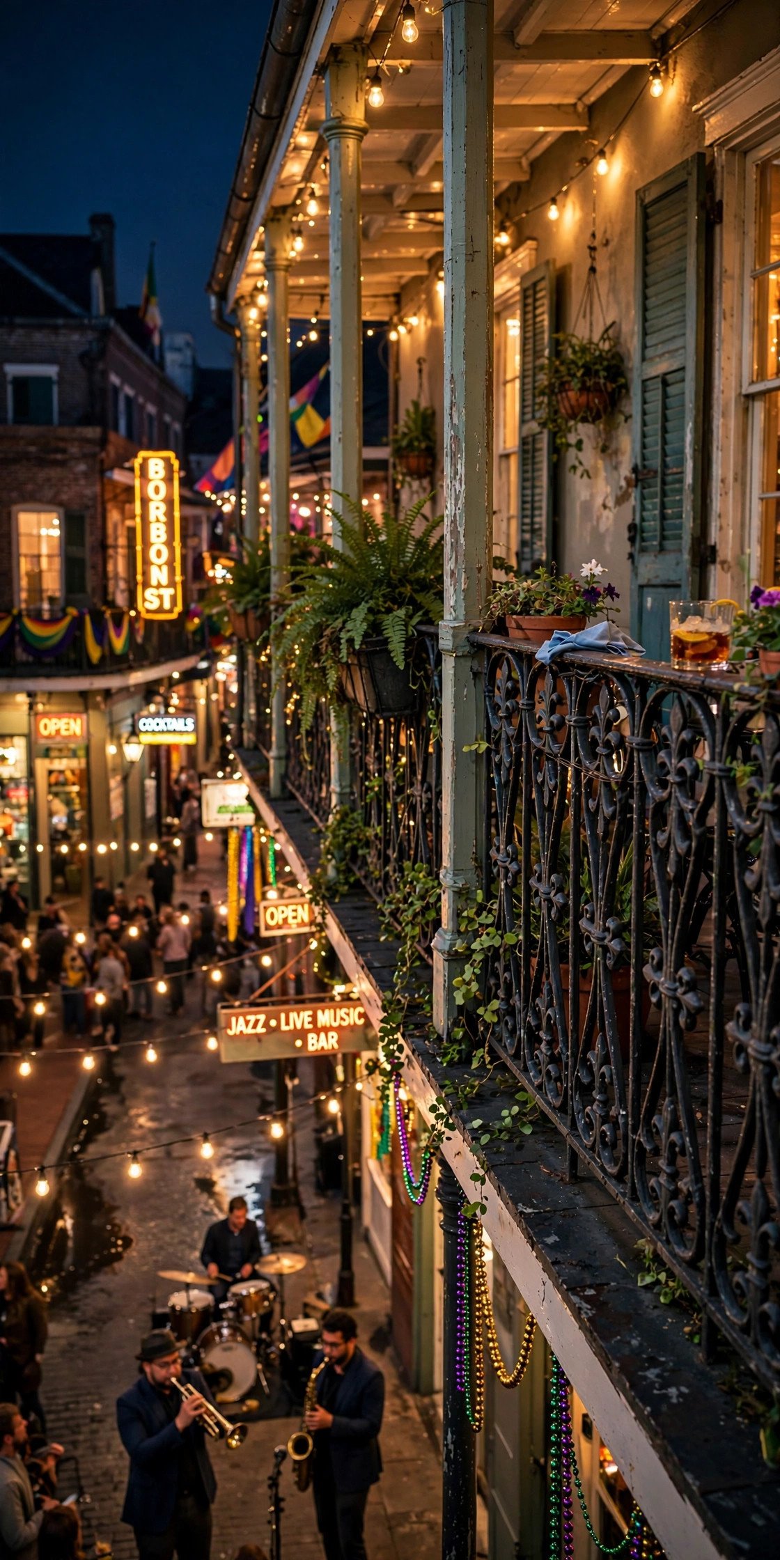 Bourbon Street balcony in New Orleans with jazz and lights