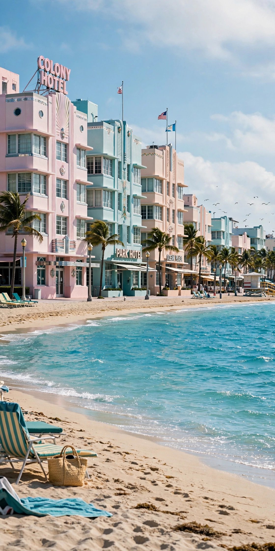 Miami beach with art deco buildings and turquoise water