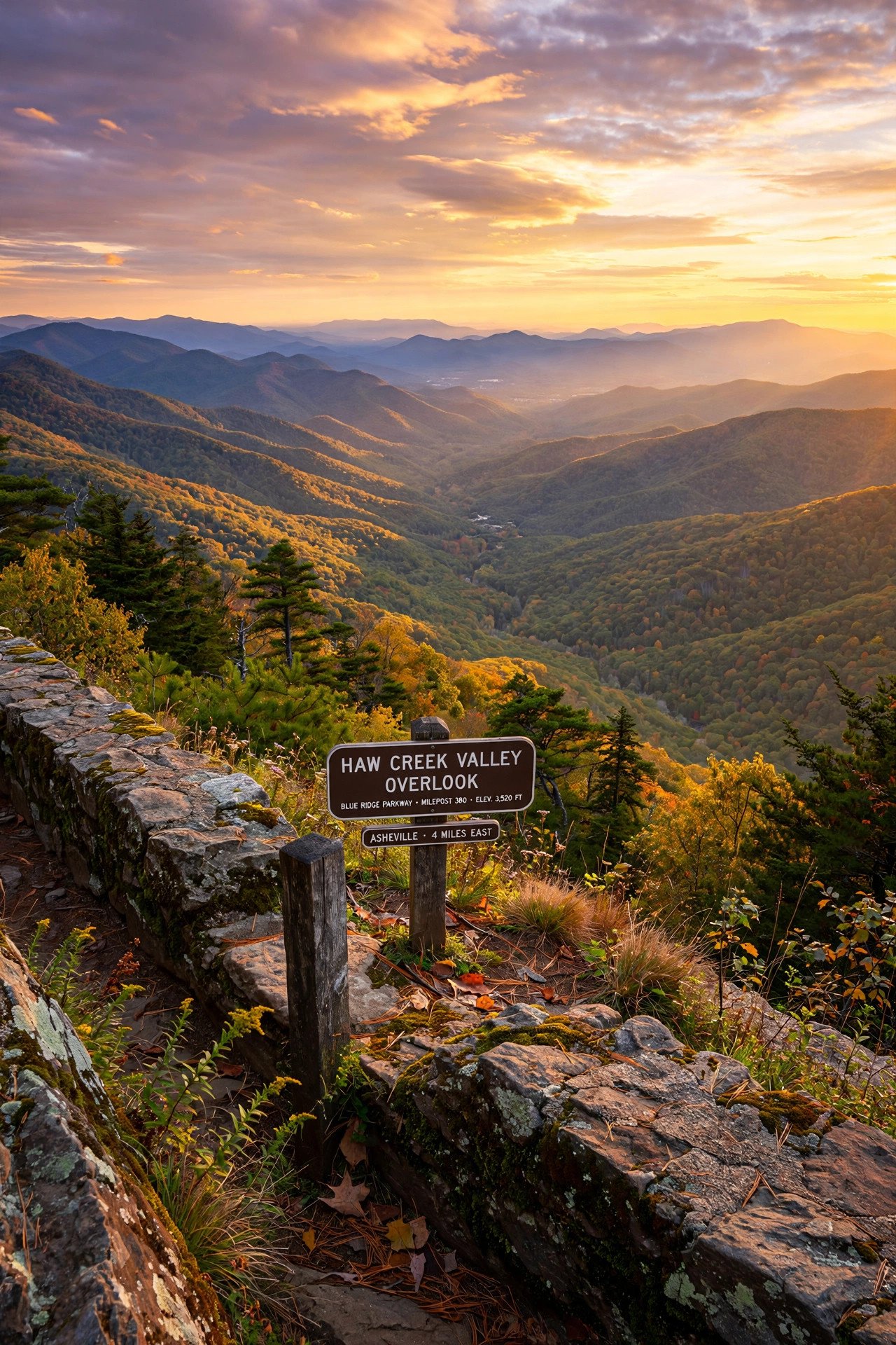 Blue Ridge Mountain overlook near Asheville at golden hour